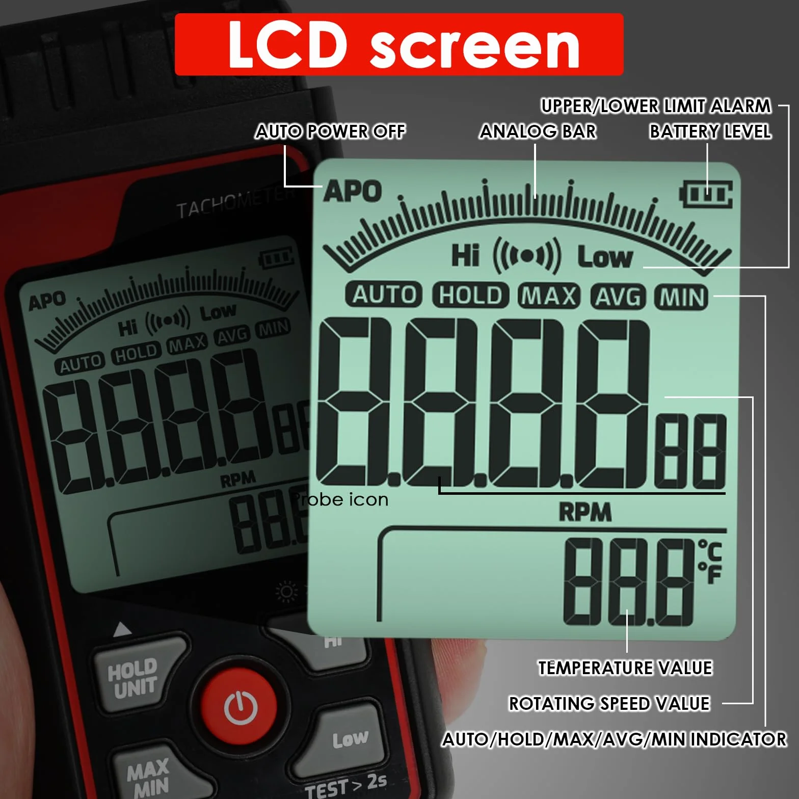 Tachimetro Digitale Senza Contatto RPM Misuratore di Velocità Strumento Laser Foto Tachimetro con 2.5~99999 RPM, Scala a Barre Analogica | Allarmi Personalizzati per Tester di Velocità Motore HVAC