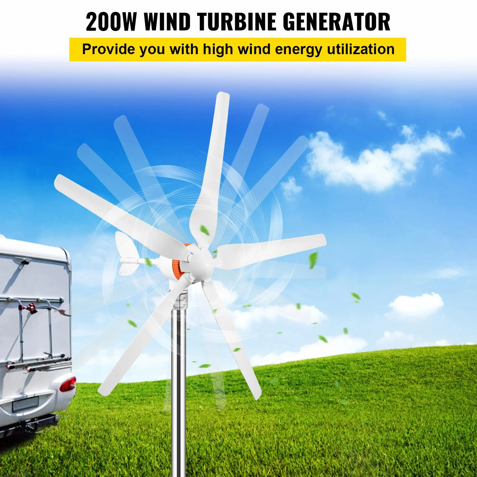 VEVOR Kit di Generatore Eolico Generatore 12V/24V(Auto) Con Controllo di Ricarica MPPT a Trifase 200W a 5 Pale, Uso nella Ricarica per il Monitoraggio Domestico, Camper, Barche e Altro Uso Domestico
