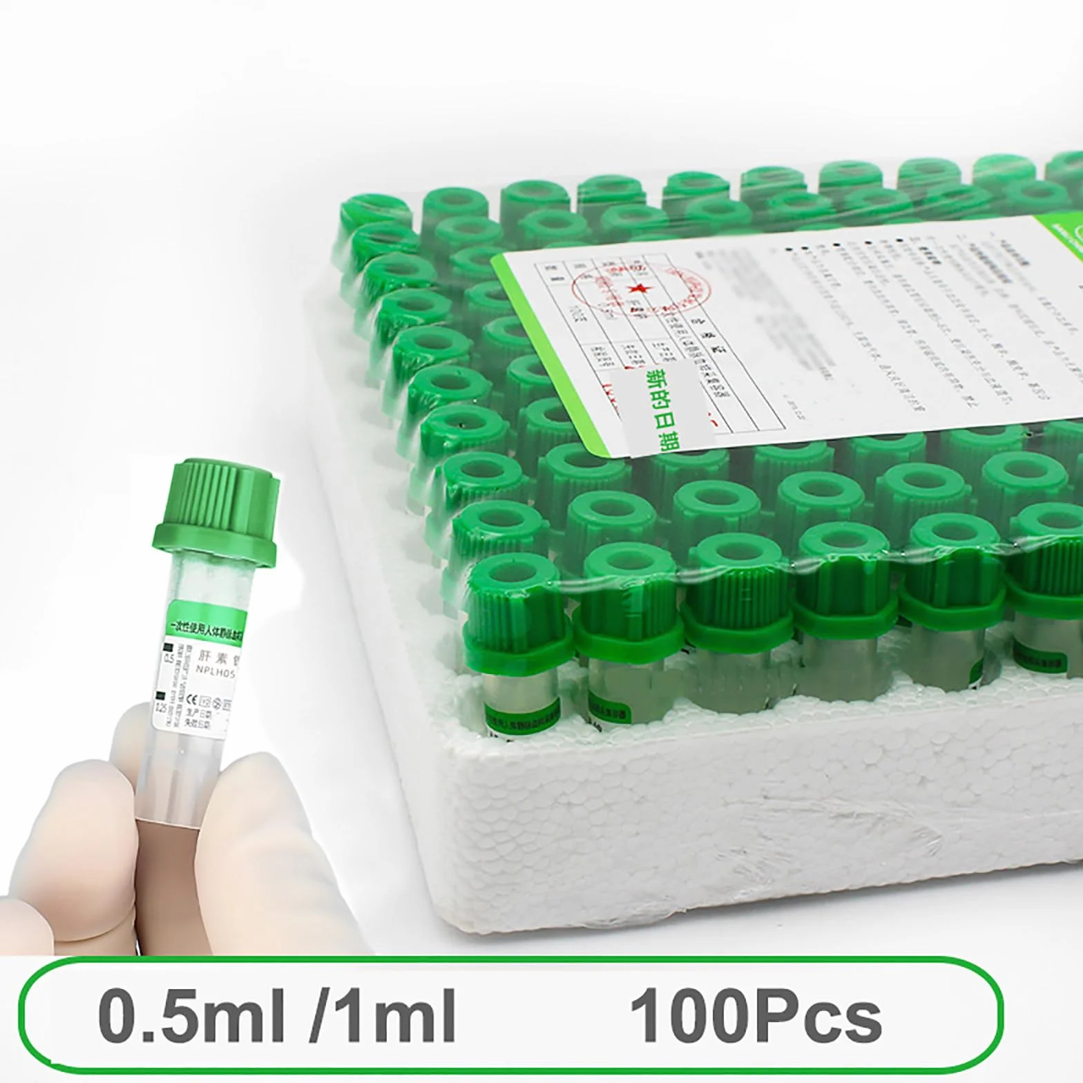 100 Provette per La Raccolta del Sangue sotto Vuoto (0,5ml/1ml), Provetta Verde con Eparina di Litio/Provetta Viola con Anticoagulante EDTA K2,Green-0.5ml