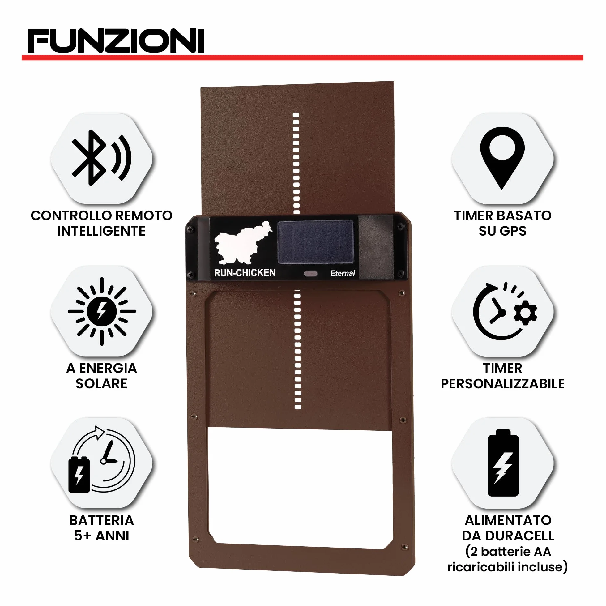RUN-CHICKEN Porta (marrone) Solar Chicken Coop Door, automatico pollaio elettrico con timer, sensore luce, batteria, energia solare