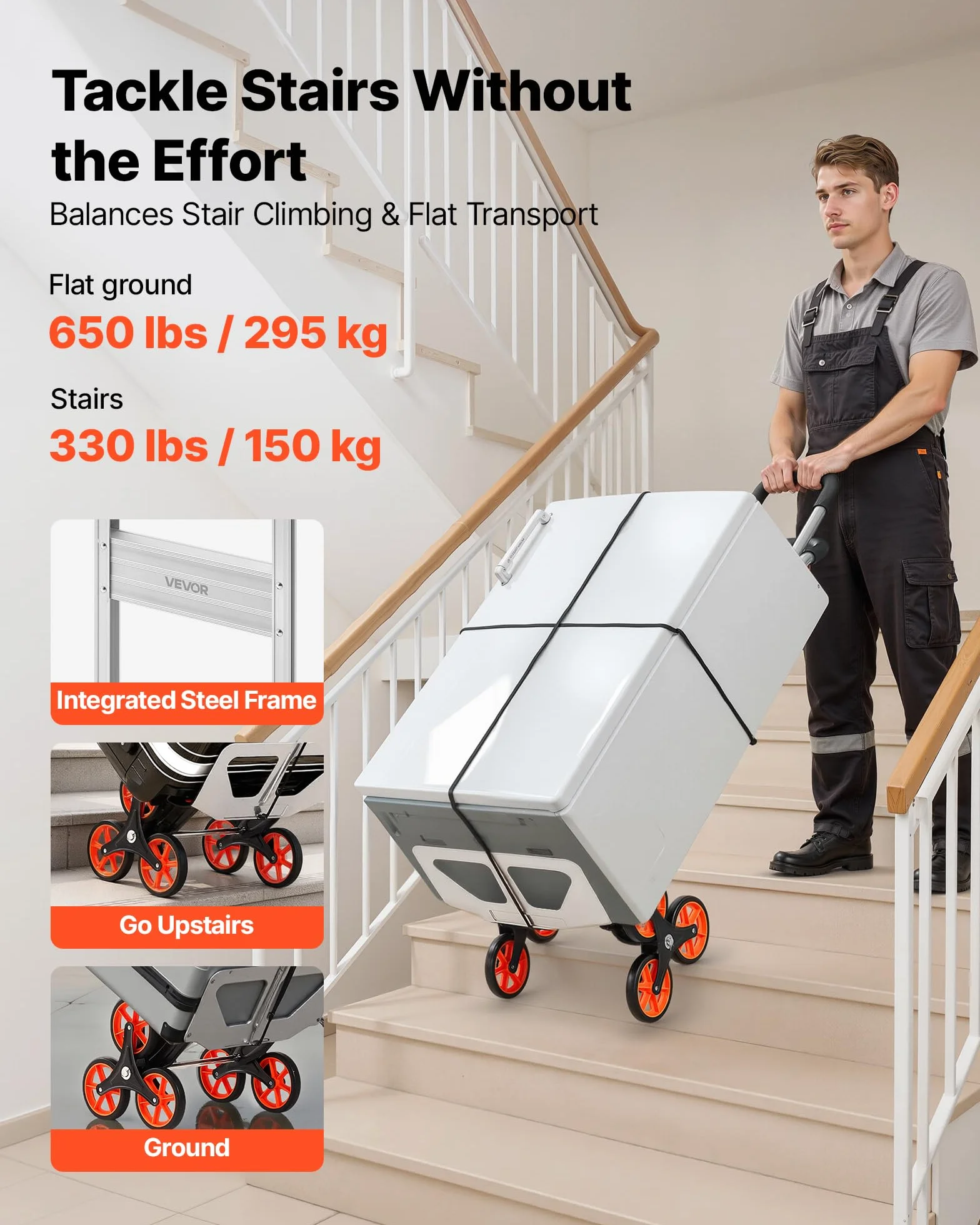 VEVOR Carrello Saliscale Capacità di Salita Scale 150 kg, Carrello Pieghevole in Lega di Alluminio con Maniglia Telescopica, 6 Ruote e 2 Corde Elastiche, per Casa, Generi Alimentari, Magazzino
