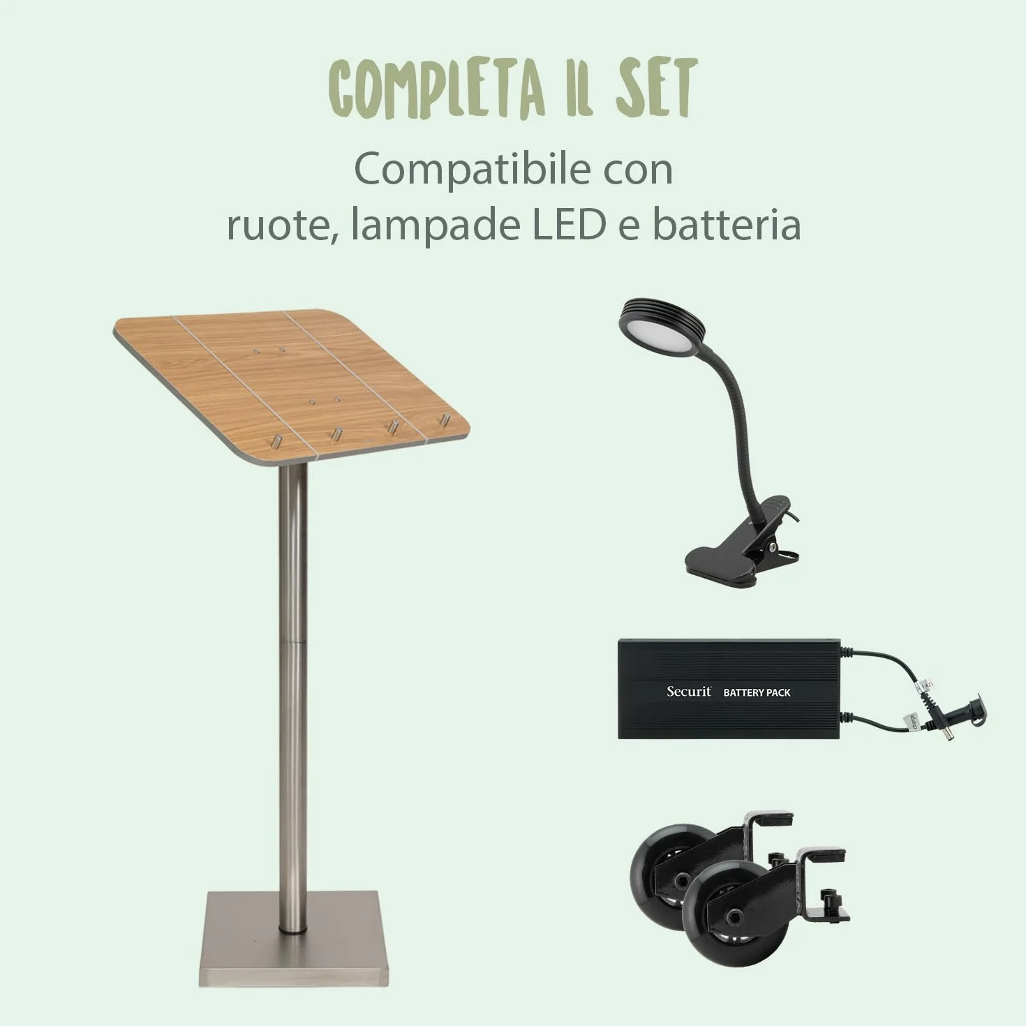 SECURIT - Leggio Porta Menu con Palo e Base - Per Caffè, Ristoranti, Bar, Negozi - Legno Laminato con Base in Acciaio Inox - Quattro Perni in Metallo e Elastici Inclusi - Teak