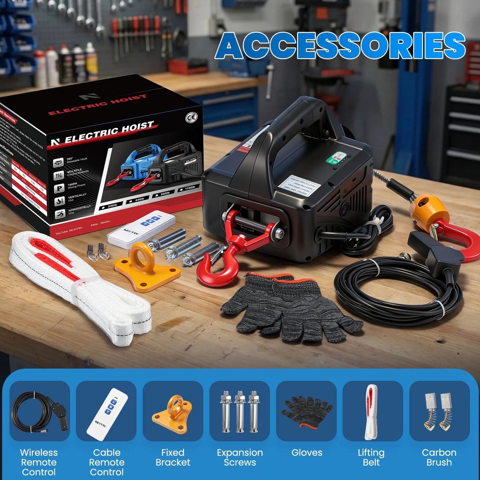 NEWTRY 3 in 1 Paranco elettrico telecomando senza fili 11,8 m/38ft 1500 W Winch elettrico con protezione da sovraccarico (carico 300 kg)