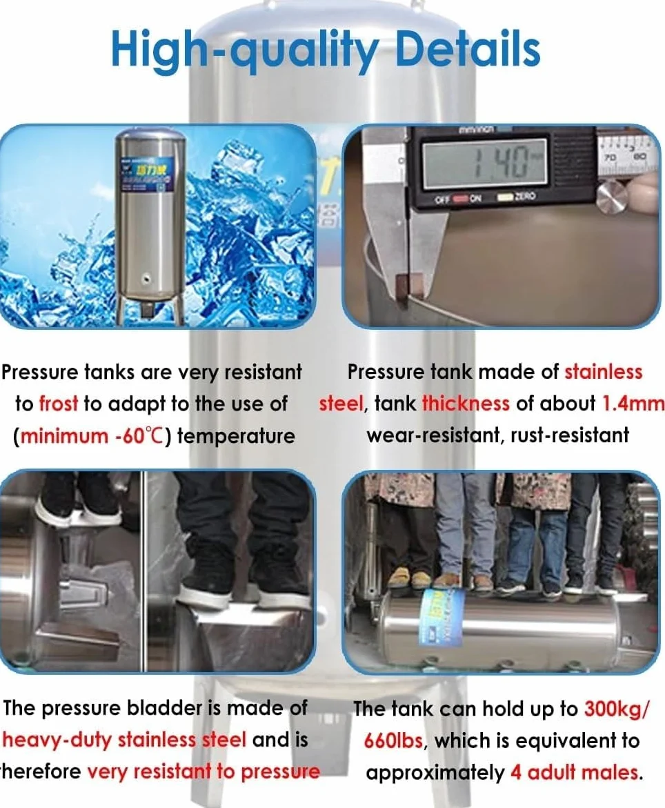 AviiSo Bidone Acqua Serbatoio a pressione per acqua di pozzo in acciaio inossidabile 300 250 200 160 100 60 litri, Contenitori per acqua autopressurizzati da giardino con kit completo(115x50cm/45.3x19
