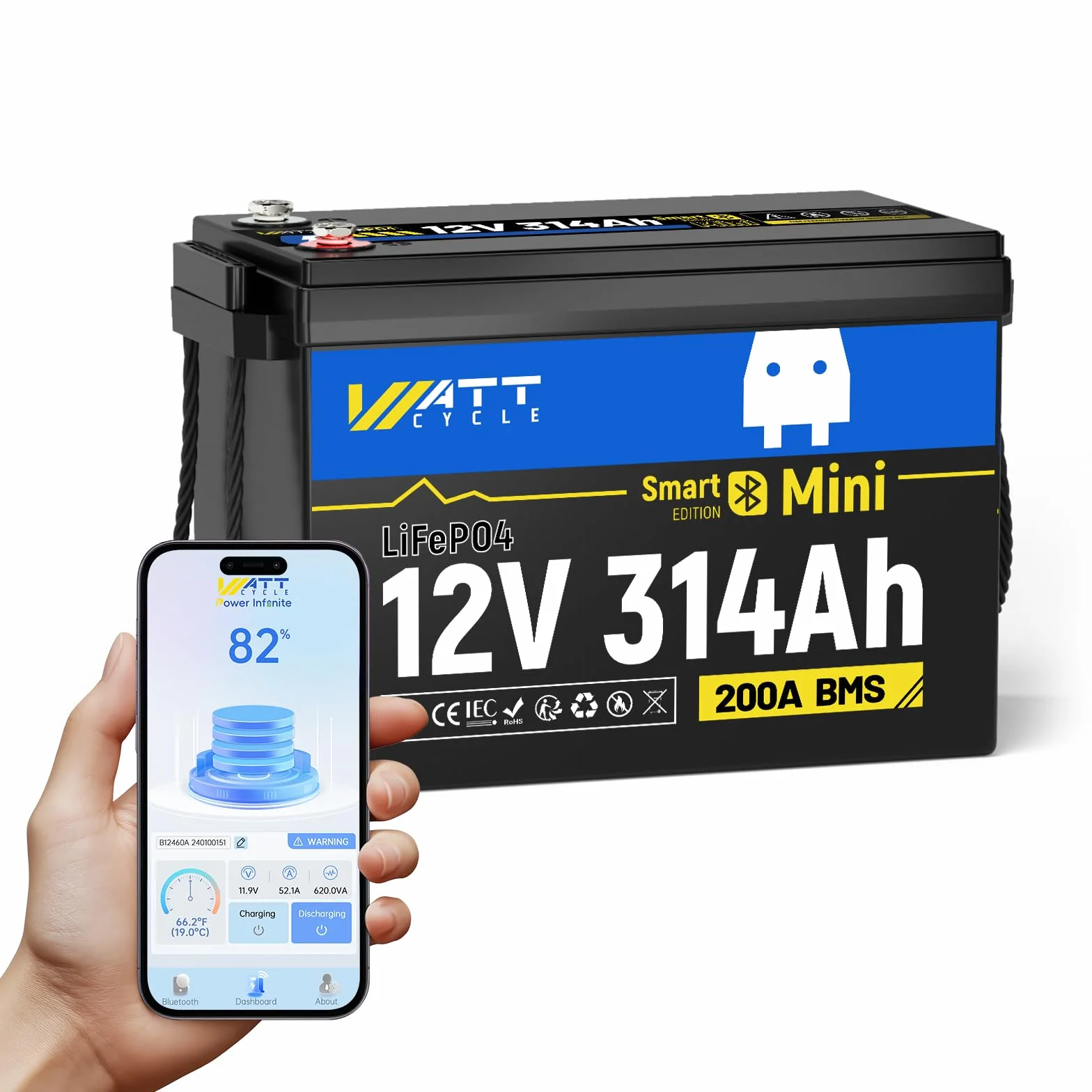 Wattcycle Batteria al Litio LiFePO4 12V 314Ah, 4019Wh, con BMS 200A Integrato, Protezione Bassa Temperatura, per Nautica, Camper, Sistemi Solari e Off-Grid