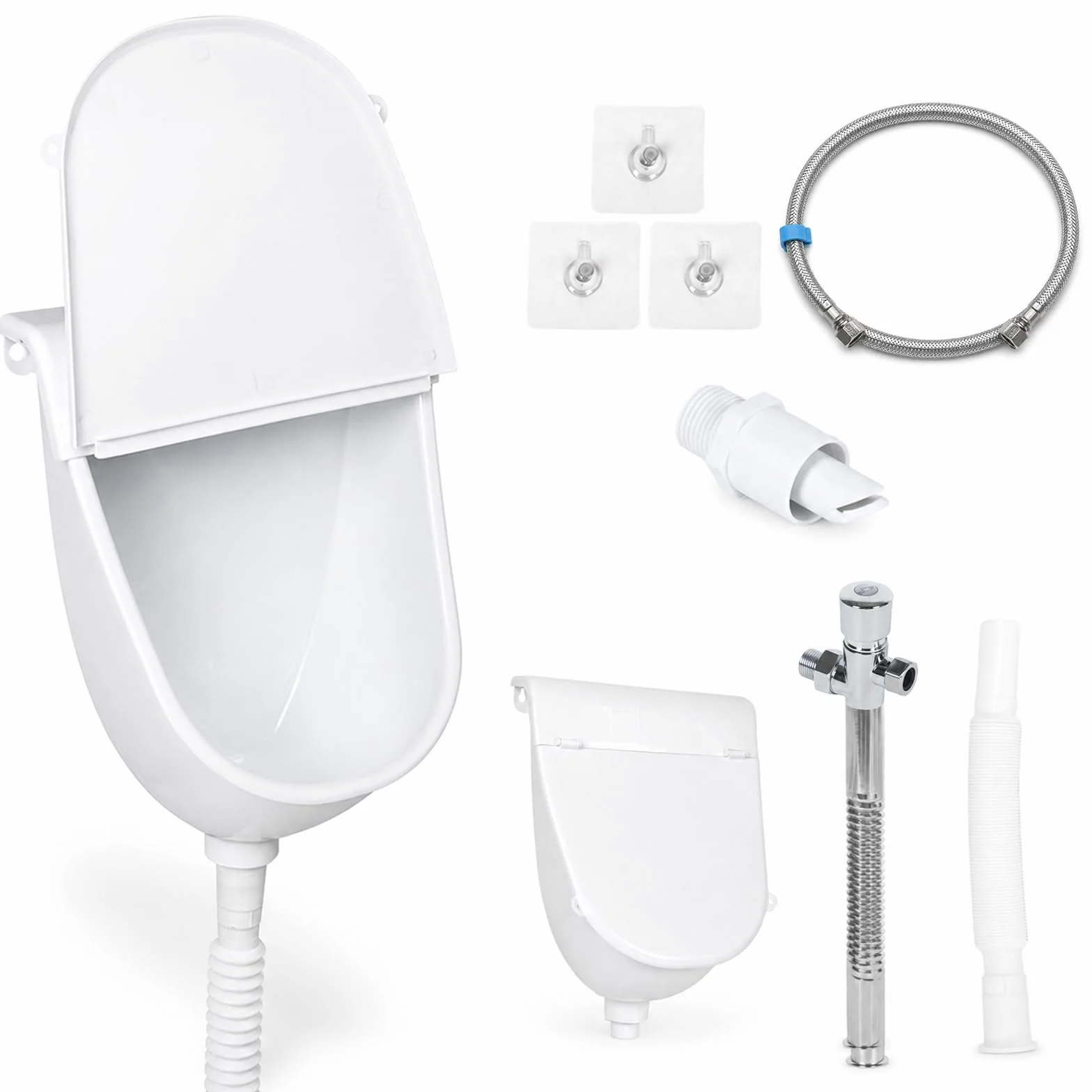 Orinatoio con coperchio, orinatoio da parete senza acqua, da uomo, senza foratura, in plastica resistente agli spruzzi, con valvola di scarico e tubo di scarico, inodore, per camper, campeggio