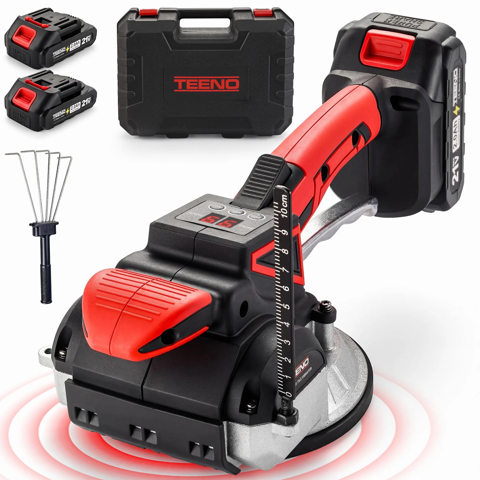 TEENO 2 in 1 Ventosa Vibrante per Piastrelle Senza Fili, Ventosa Elettrica per Piastrelle con 2 Batterie da 2Ah, 9 Velocità, 500 kg di Aspirazione, 12000 RPM di Vibrazione, Ventosa da 145mm+Scala+