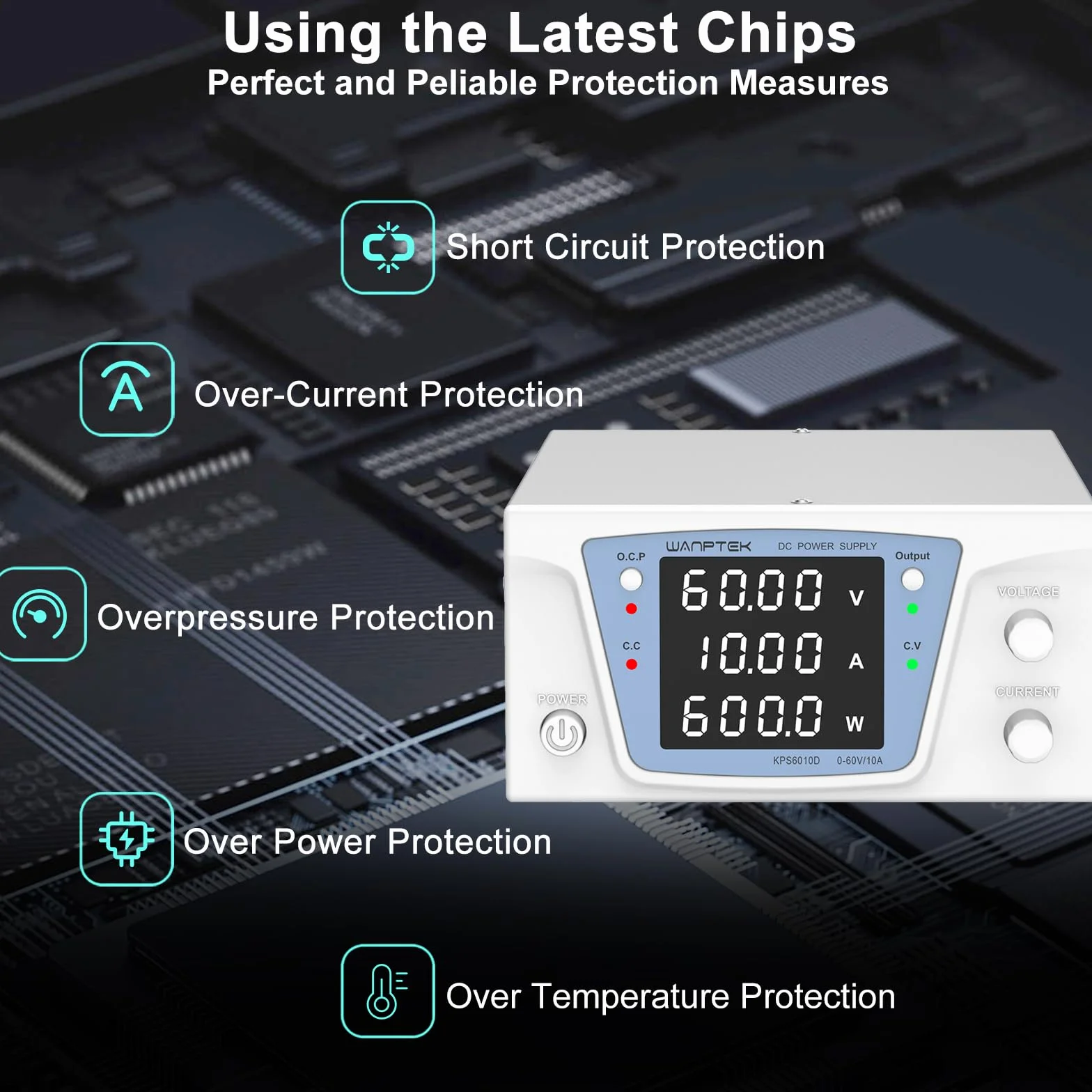 Alimentatore da Laboratorio 60V 10A 600W, Alimentatore da Banco DC Regolabile ad Alta Potenza, Display LED 4 Cifre ad Alta Precisione, Controllo Encoder e Pulsante Output