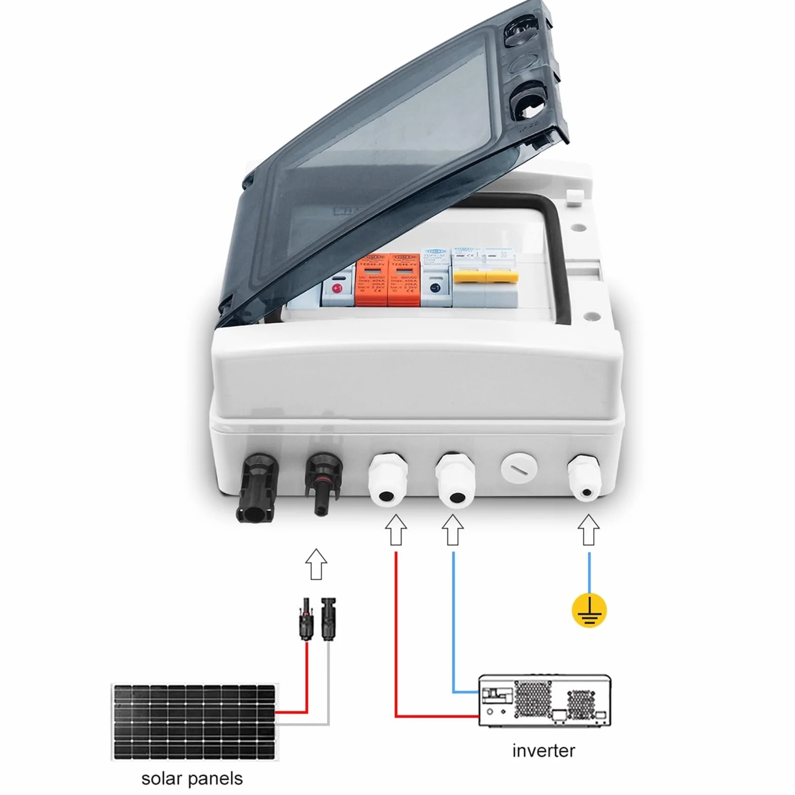 Scatola combinatrice solare fotovoltaica, Combinatore solare fotovoltaico fotovoltaico con protezione contro i fulmini 1 ingresso 1 uscita DC 600V Fusibile MCB SPD Scatola impermeabile IP65 Installazi