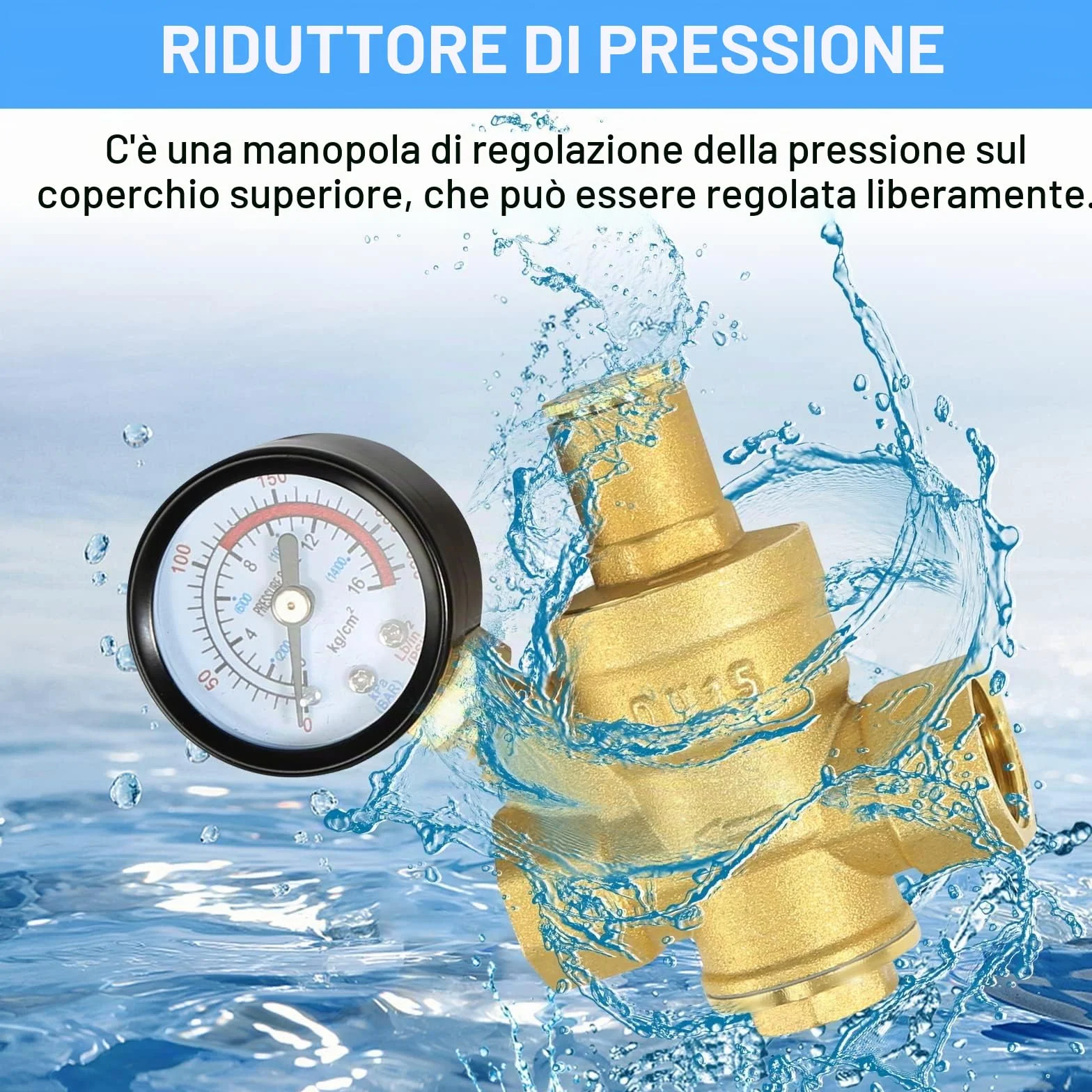 Regolatore di Pressione Acqua 1/2 pollice DN15 Ottone, Riduttore con Manometro