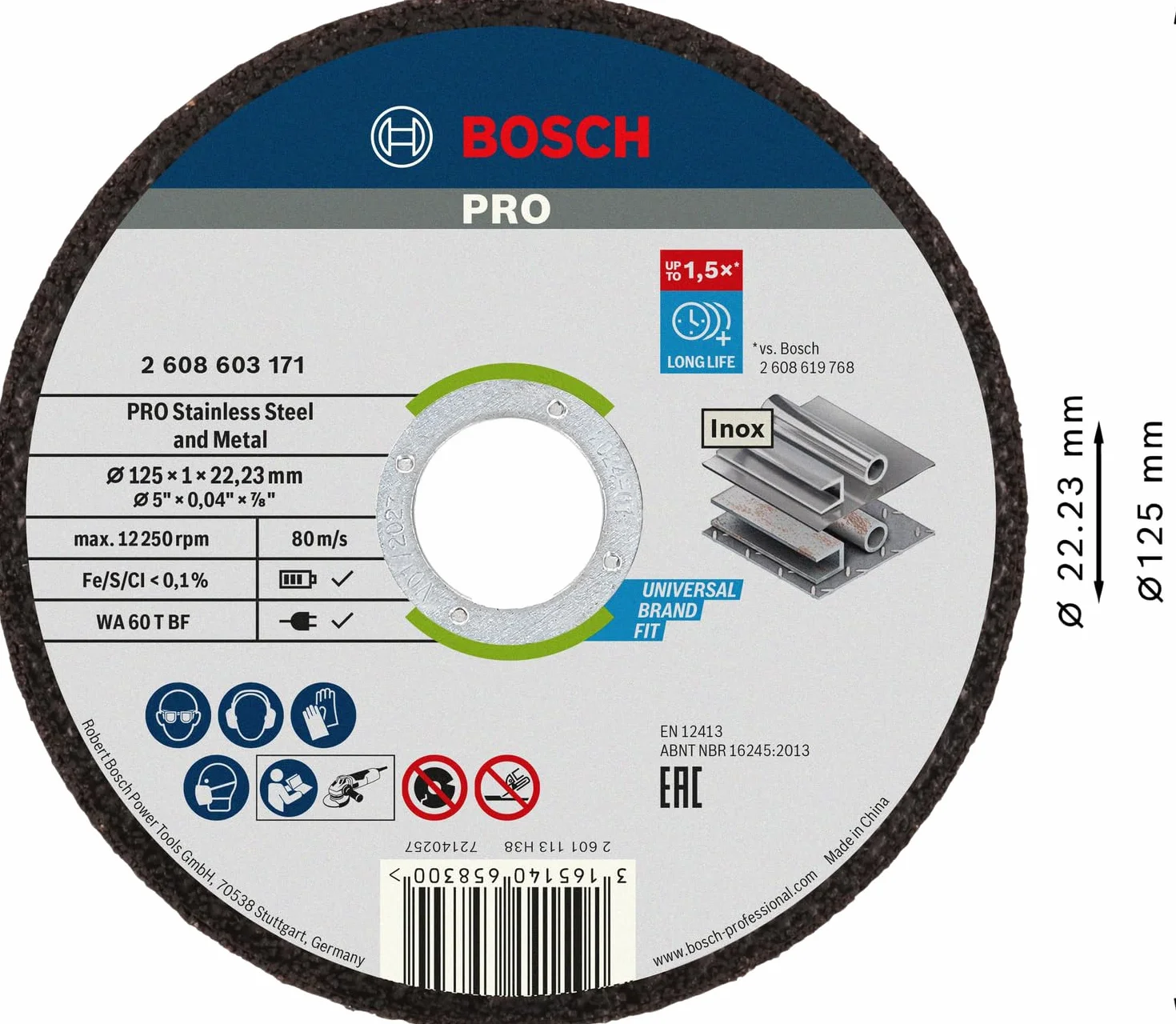 Bosch Professional 2608603255 - Può Contenere 10 Dischi Standard Inox: 125 x 1mm, Nero, 125 mm x 1 mm x 22.23 mm