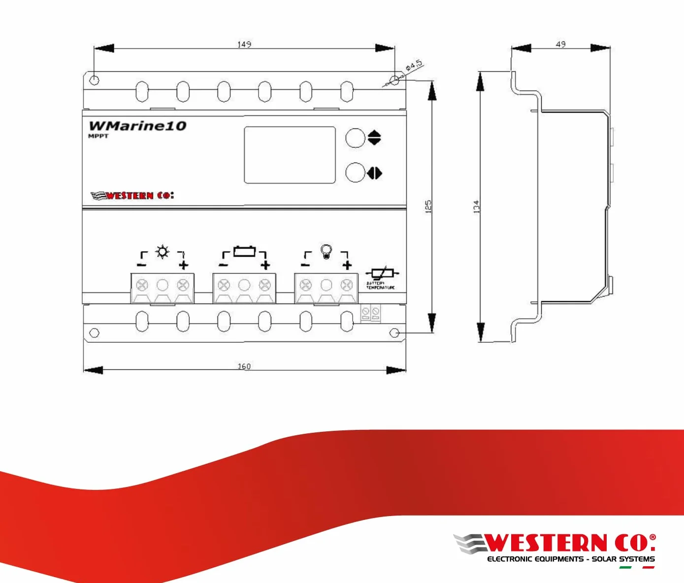 Western CO | Modello WMARINE10 | Regolatore di Carica MPPT 10A 12/24V, Regolatore di Tensione Carica Impianto Fotovoltaico, Circuito Buck-Boost, Display Grafico, Funzione Crepuscolare
