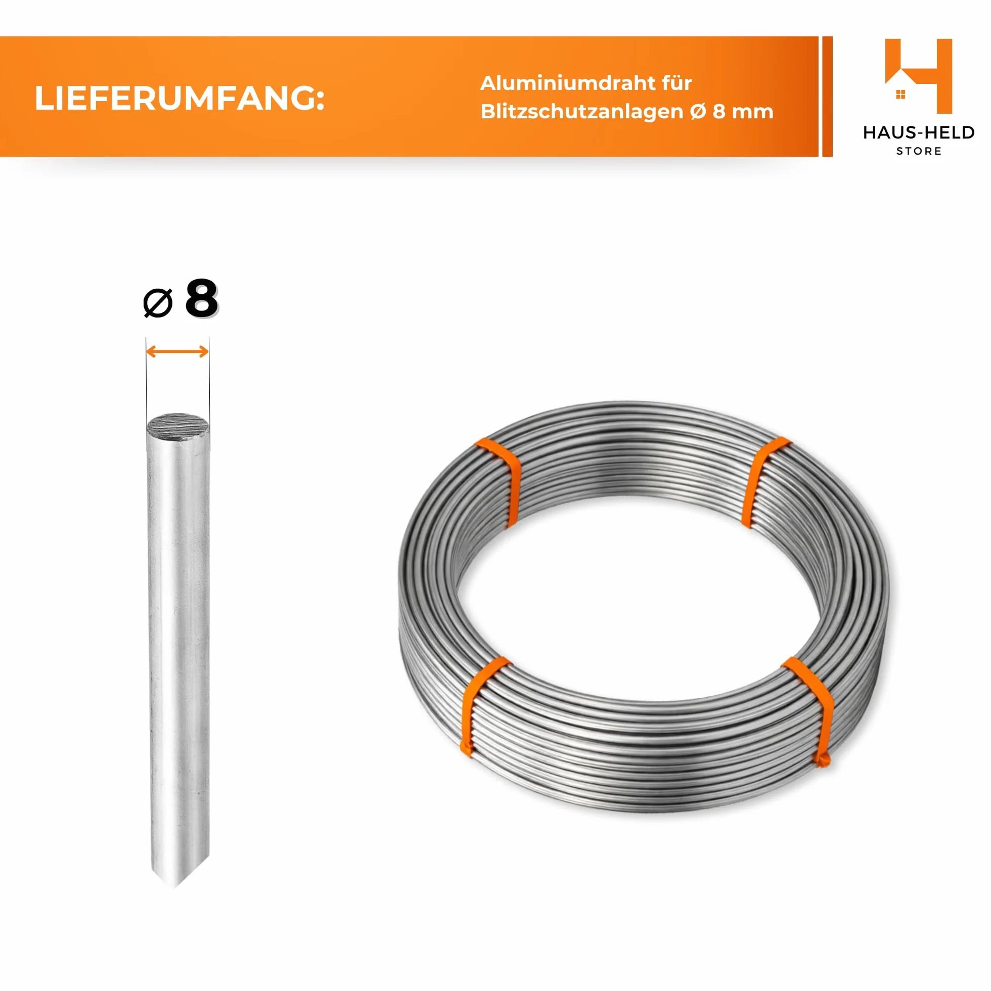 HausHeld® 100 metri di filo rotondo in alluminio fi 8 mm I filo di terra I protezione dai fulmini AlMgSi – al metro I leggero e flessibile