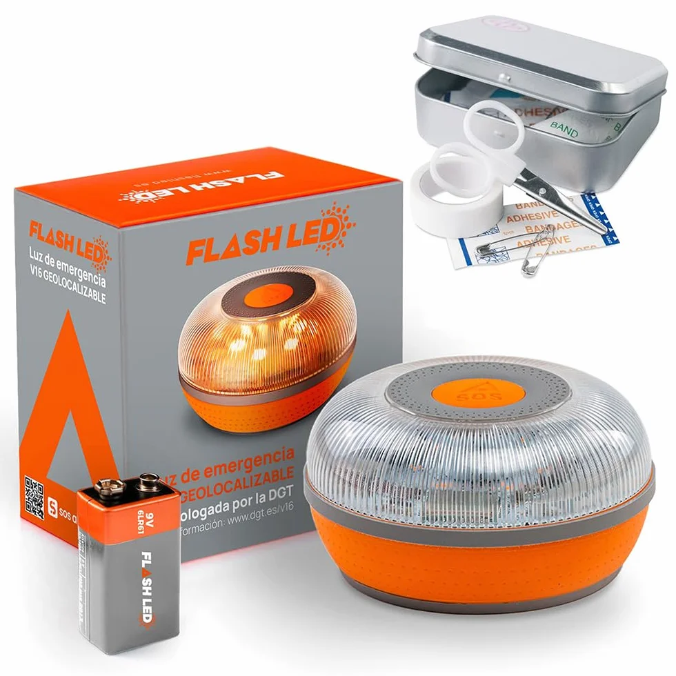 FLASH LED SOS Luce di emergenza V16 collegata Omologata DGT 3.0 OBBLIGATORIA, SIM e servizio dati incluso fino al 2038, base magnetica, resistenza IP54 + set mini primo soccorso
