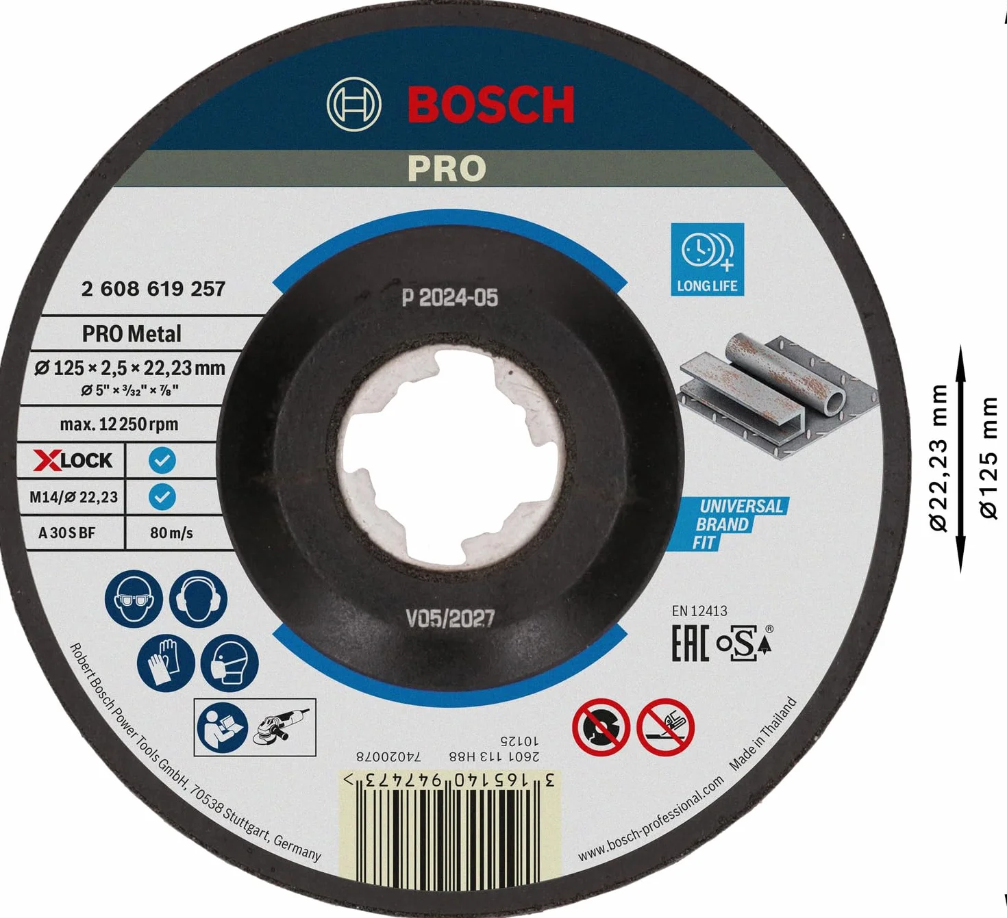 Bosch Professional 2608619257 Mola da Taglio a Centro Depresso, per Metallo, X-Lock, Ø125 mm, Diametro Ø: 22.23 mm, Spessore: 2.5 mm
