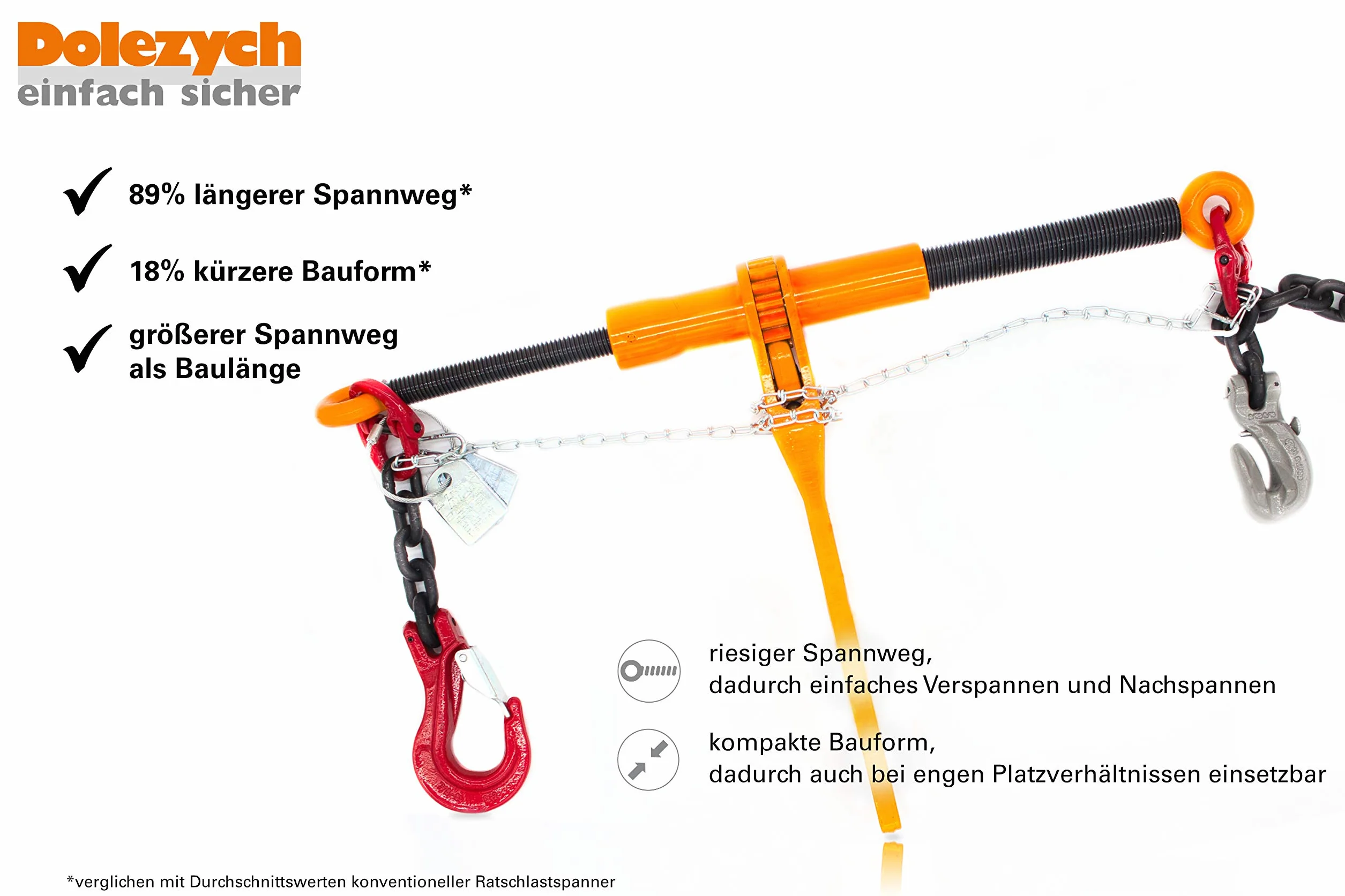 Dolezych Catena di ancoraggio di grado 80 con raccoglitore a cricchetto Dora, 2 ganci a forcella, catena da 10 mm, capacità di ancoraggio diretto = 6300 dan, lunghezza 3,50 m