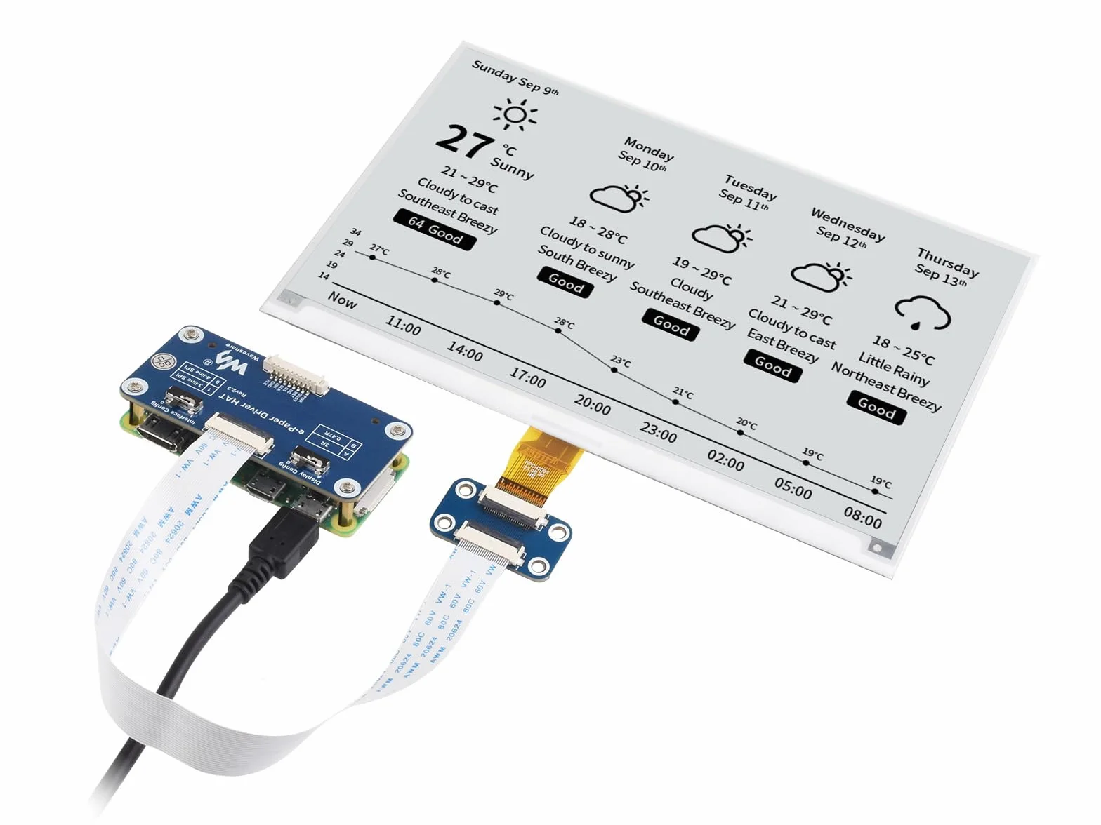 Waveshare 7.5 inch E-Paper HAT Display Module, 800 x 480 Resolution, Supports Black/White 2 Colours, Compatible with Jetson Nano/Raspberry Pi 4B/3B+/3A+/3B/2B/1B+/1A+/Zero 2 W/Zero W/Zero