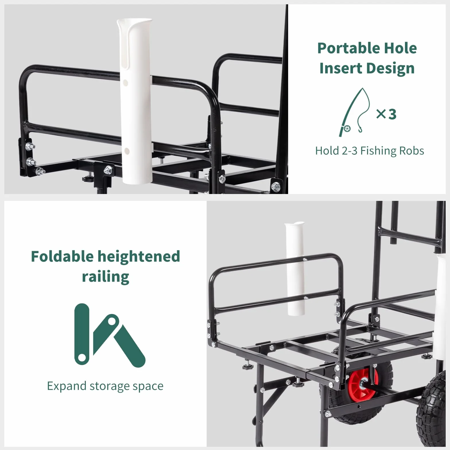 Carrello da pesca pieghevole con due ruote in poliuretano Carrello in acciaio per un facile trasporto Due supporti per canna da pesca regolabili leggero nero