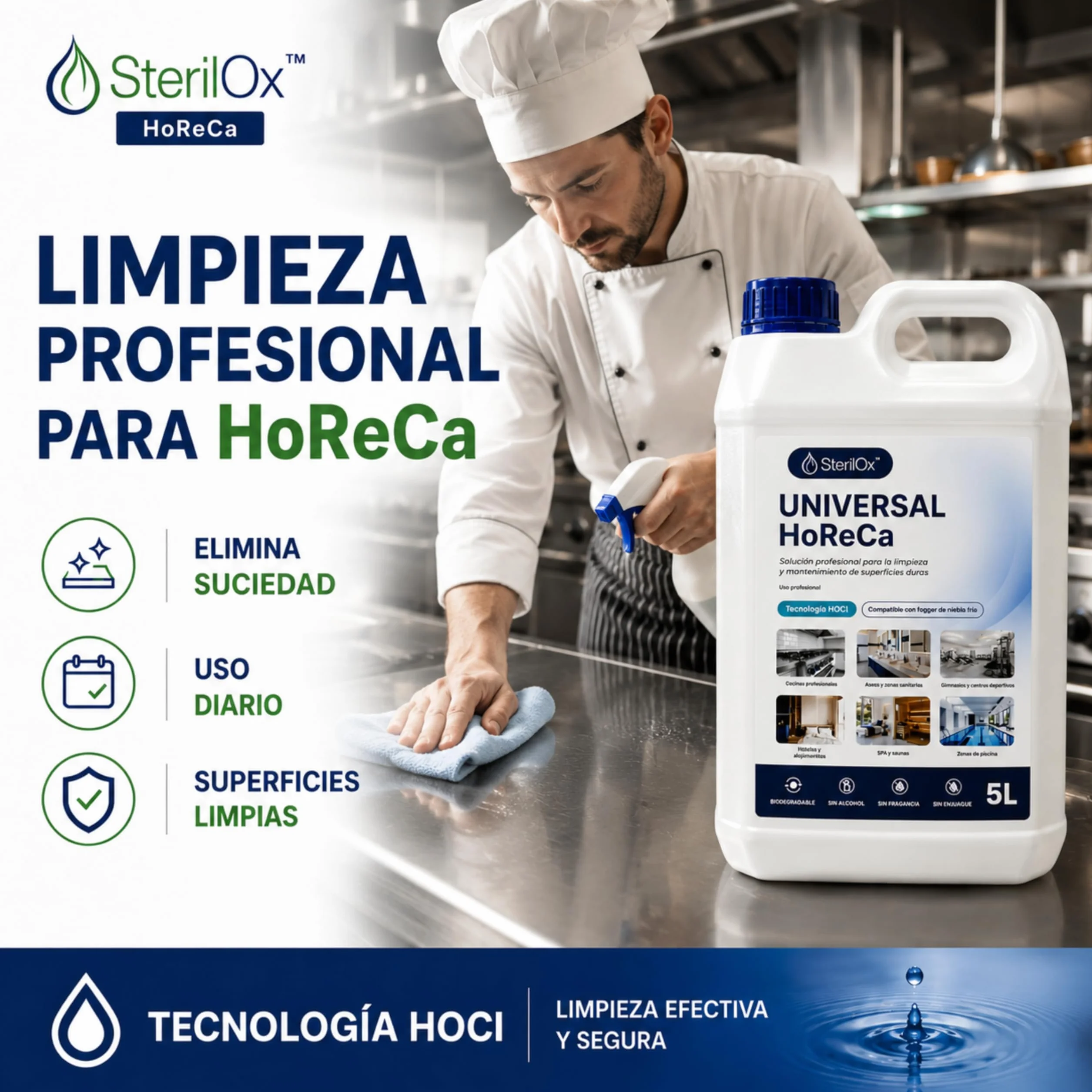 Universal HoReCa 5L - Prodotto Professionale per la Pulizia con Acido Ipocloroso HOCl - Senza Alcol, Senza Risciacquo - Per Cucine, Hotel, SPA, Palestre - Compatibile con Fogger