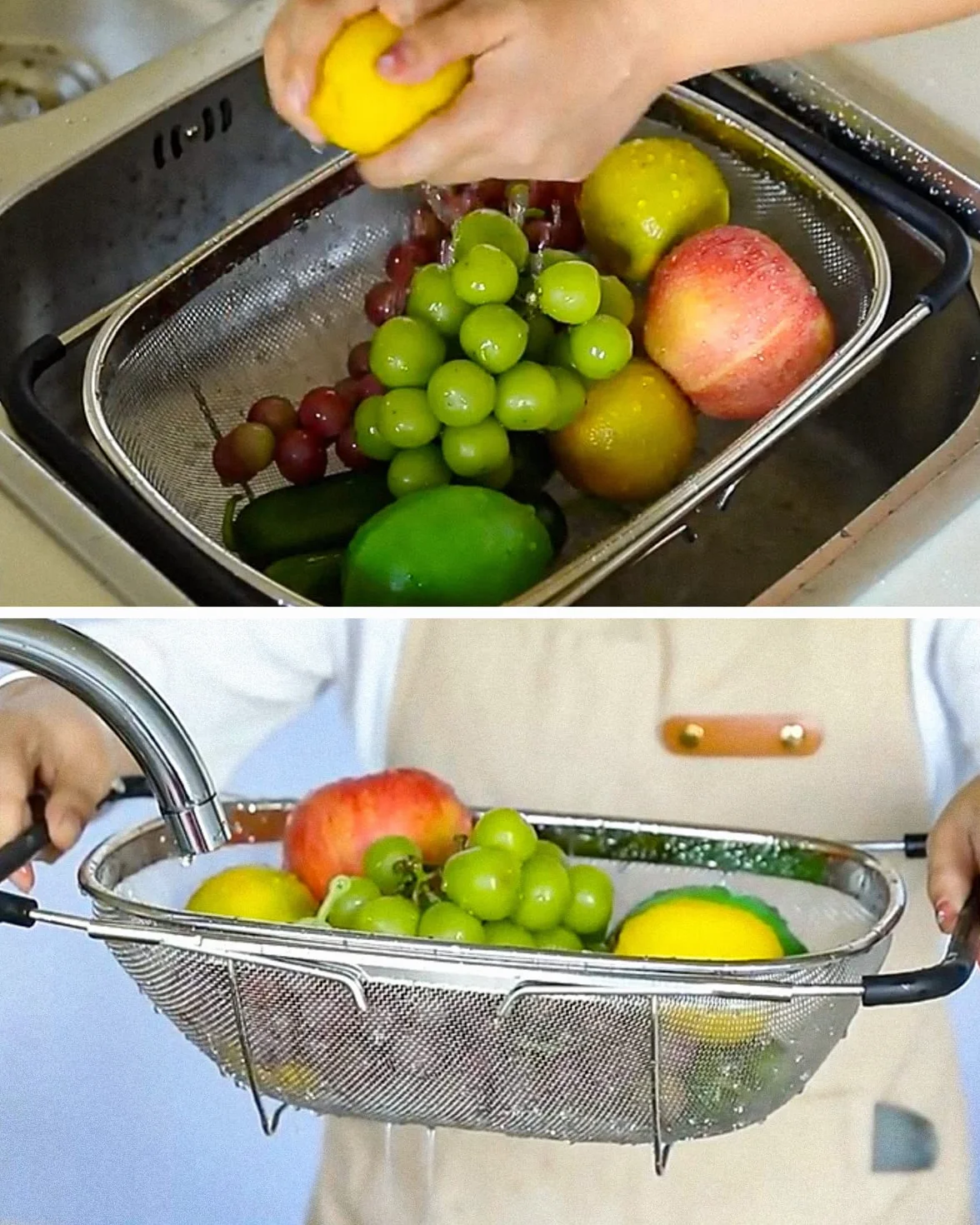 Jissta scolapasta da lavello, 6 litri con cestello a setaccio fine espandibile, pieghevole per filtrare,scolare e lavare frutta