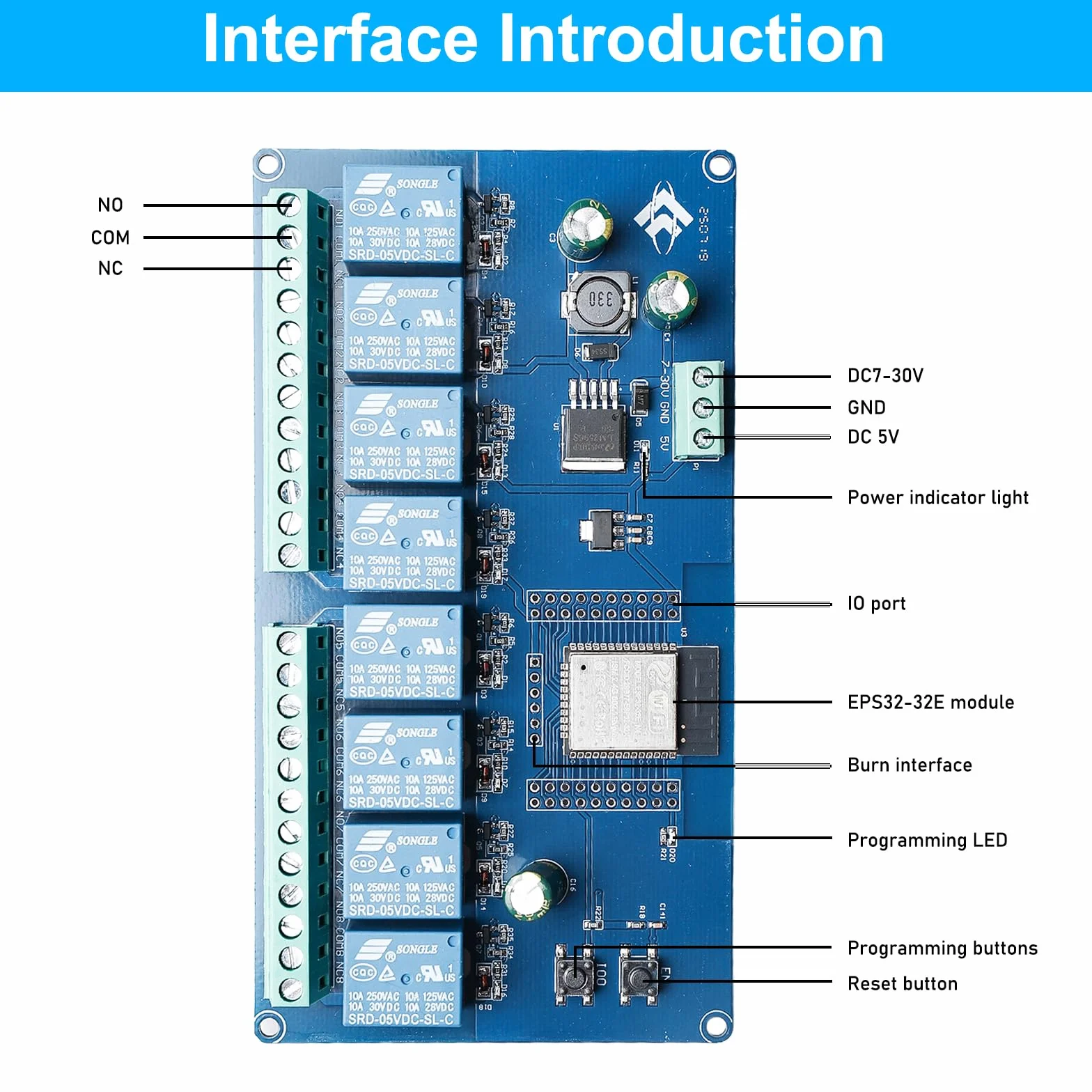 ESP modulo relè a 8 canali con ESP-32 WiFi Bluetooth, DC5-30V/AC250V, scheda di sviluppo per progetti fai da te Smart Home & IoT, facile programmazione con Arduino IDE