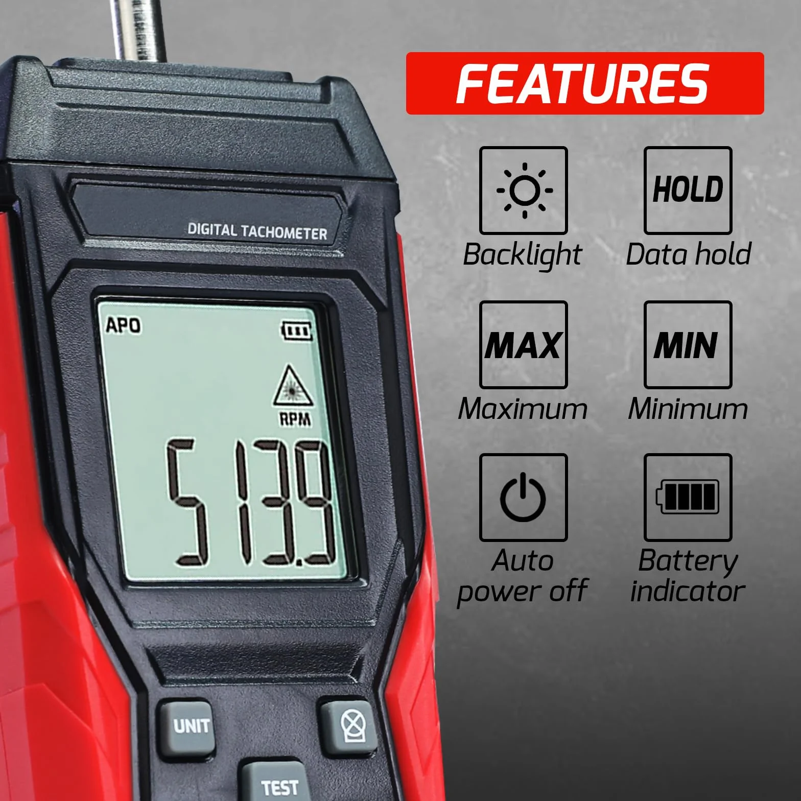 Tachimetro Digitale 2-in-1 con Sensore Laser a Non Contatto (3~99999 RPM) e Modalità a Contatto (3~19999 RPM) - Misuratore di Giri Professionale con Funzioni MAX/MIN/HOLD, Portatile per Motori Auto