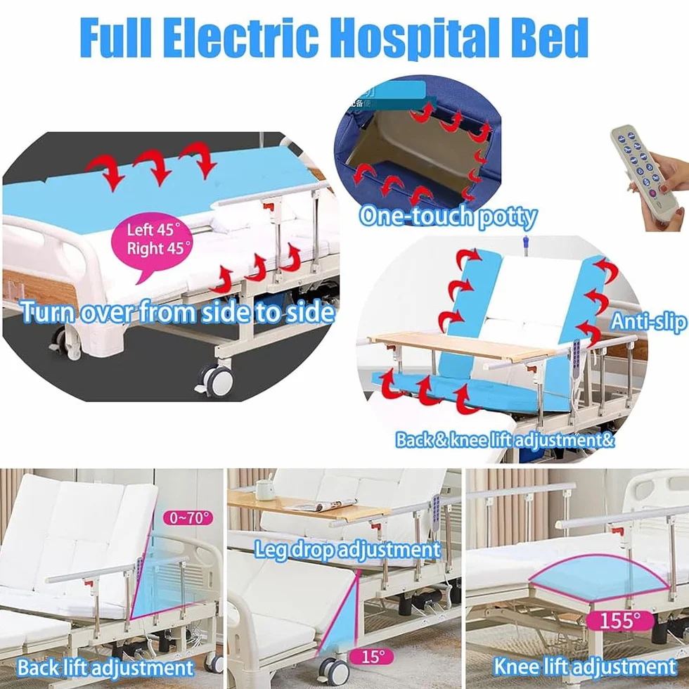 Letto ospedaliero elettrico Premium per terapia intensiva, inclinazione laterale, letto medico elettrico con materasso e asta portaflebo, tavolo da pranzo e ruote da con freno (bed)