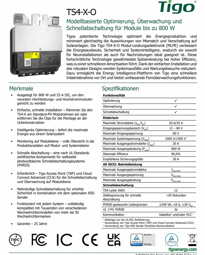 Tigo Energy TS4-X-O MC4 800W 20A ottimizzatore Ottimizzatore per prestazioni fotovoltaiche
