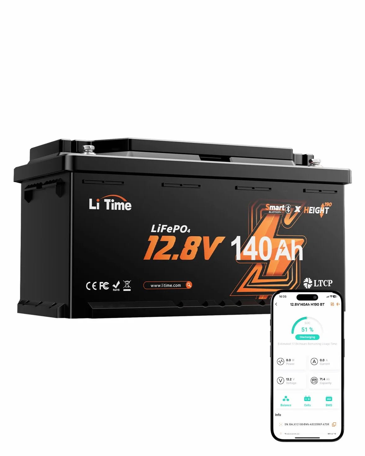 LiTime Batteria al Litio 12V 140Ah H190 per Camper, Batteria LiFePO4 12V con Bluetooth, 4000-15000 Cicli Profondi, Energia 1920Wh, Perfetta per RV, Furgone Camperizzato, Impianto Solare, Barche