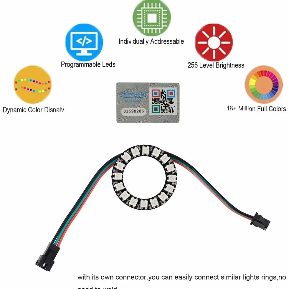 Lot de 16 anelli LED RGB 16 x WS2812 5050 a colori con driver integrati a 16 bit per Arduino Raspberry Pi ESP8266 Nodemcu DC5V