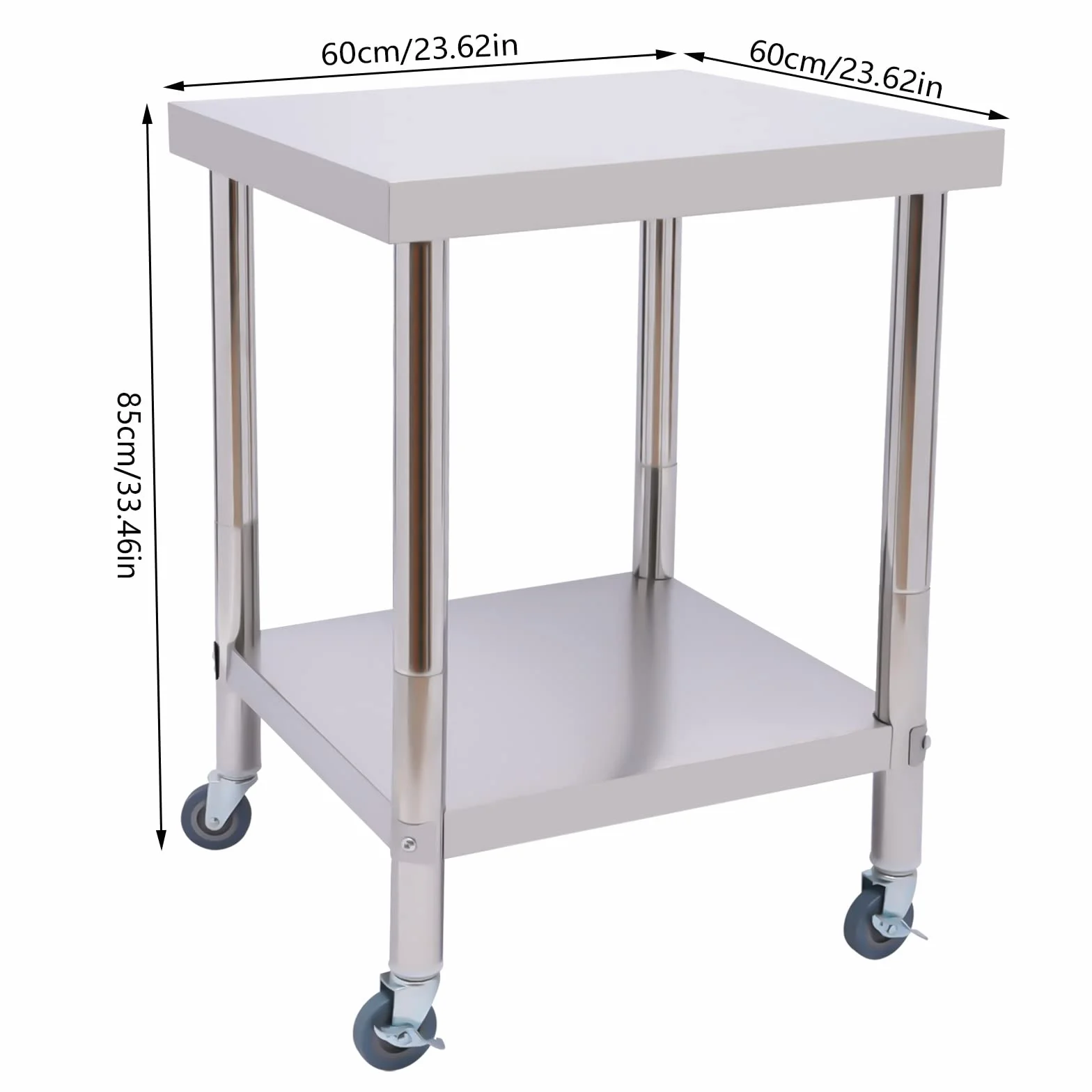 Tavolo da lavoro in acciaio inox, carrello servizio 60x60 cm, 2 livelli, 300 kg, adatto per cucine, hotel, panetterie, ristoranti