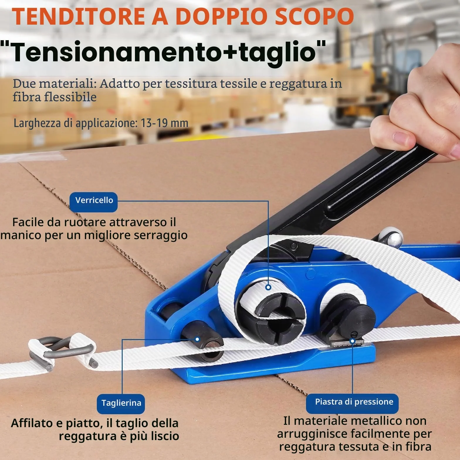 BAOSHISHAN Kit di reggetta con tessuto per l'imballaggio dei pallet (tenditore 2 in 1 + 100m di reggetta tessile + 100pcs fibbie di imballaggio fosfatante + 20 angolo di imballaggio)