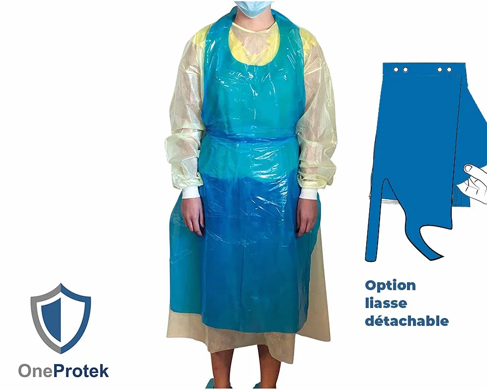 100 Grembiuli monouso PE impermeabili blu OneProtek - Polietilene (PE), 20 micron - Alta qualità, versatile - Taglia unica (70x120 cm) - A strappo