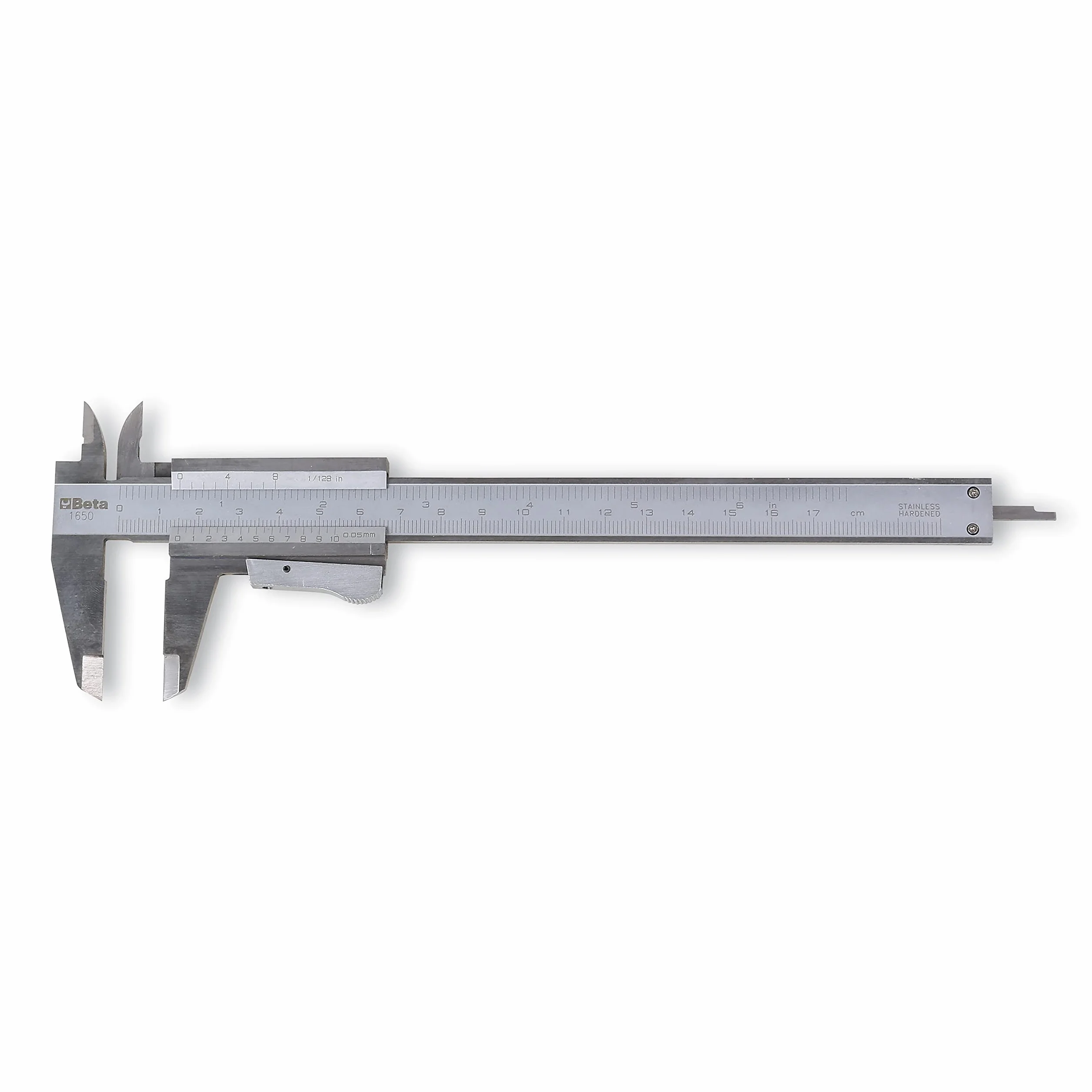 BETA - Calibro a Corsoio 0-150 mm in Acciaio Inossidabile Temprato con Lettura Ventesimale 0,05 mm, Strumento di Misura Professionale con Bloccaggio a Molla e Fodero di Pelle per Officina, 1650 150
