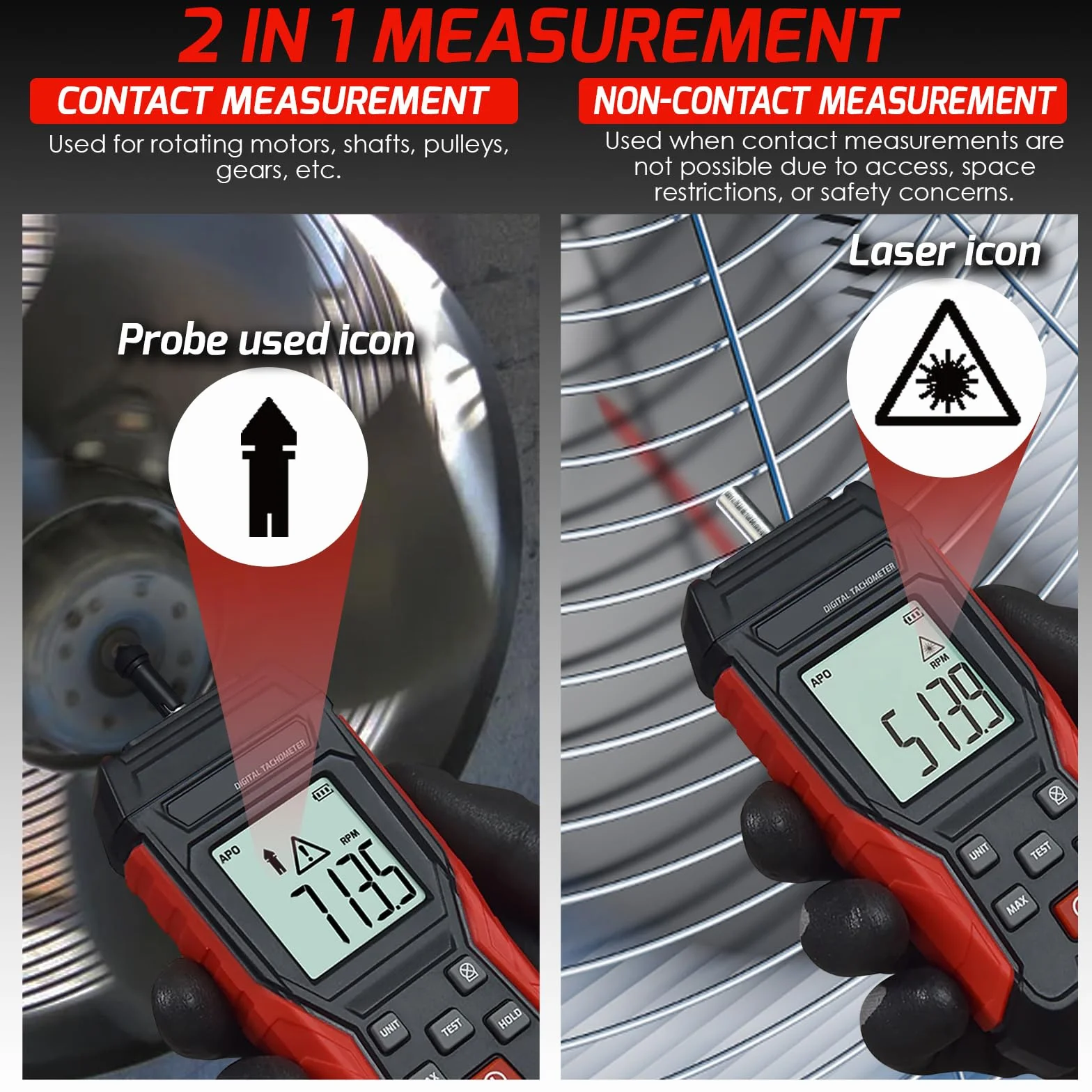 Tachimetro Digitale 2-in-1 con Sensore Laser a Non Contatto (3~99999 RPM) e Modalità a Contatto (3~19999 RPM) - Misuratore di Giri Professionale con Funzioni MAX/MIN/HOLD, Portatile per Motori Auto