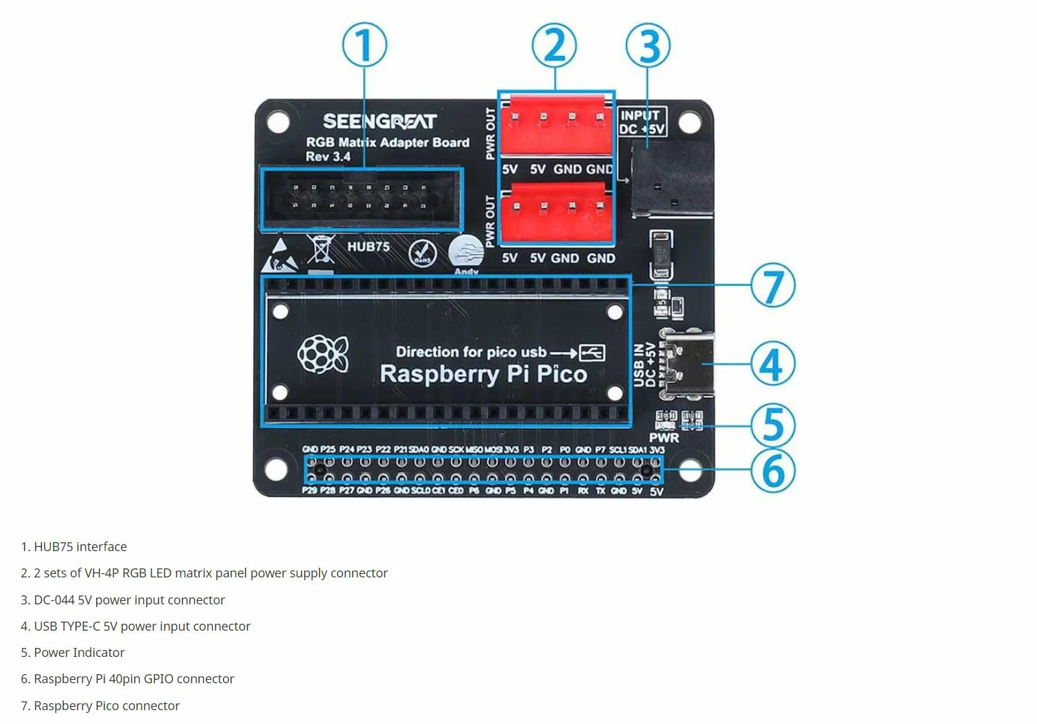 Pannello a matrice LED RGB Full Color 64 64 pixel per Raspberry Pi Raspberry Pi Pico ESP32 Ardui con scheda adattatore Directly Plug and Play