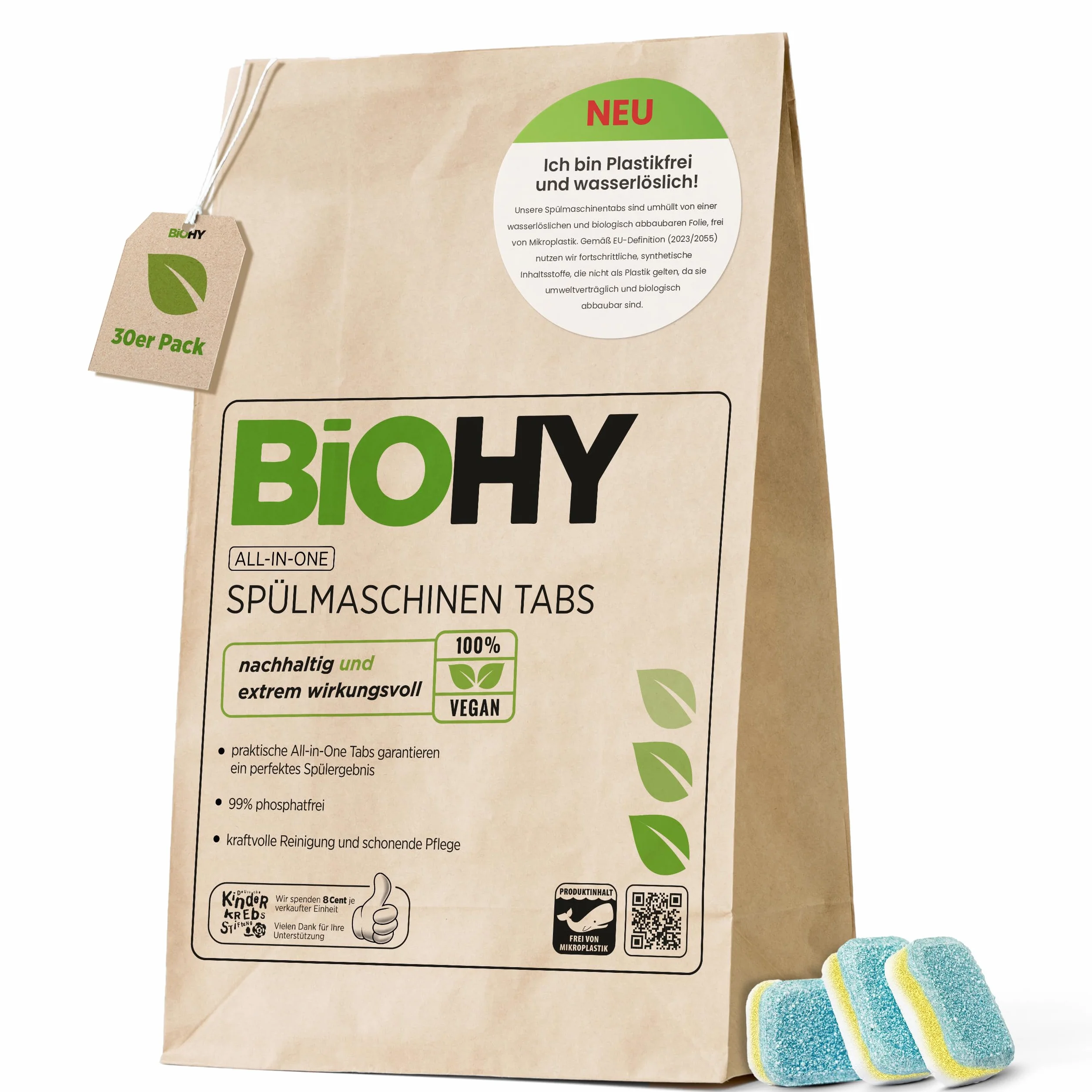 BiOHY Pastiglie per lavastoviglie all-in-one (30 schede), senza fosfati, per la pulizia quotidiana di stoviglie e posate, contro i residui di grasso e cibo più ostinati, potenti pastiglie per