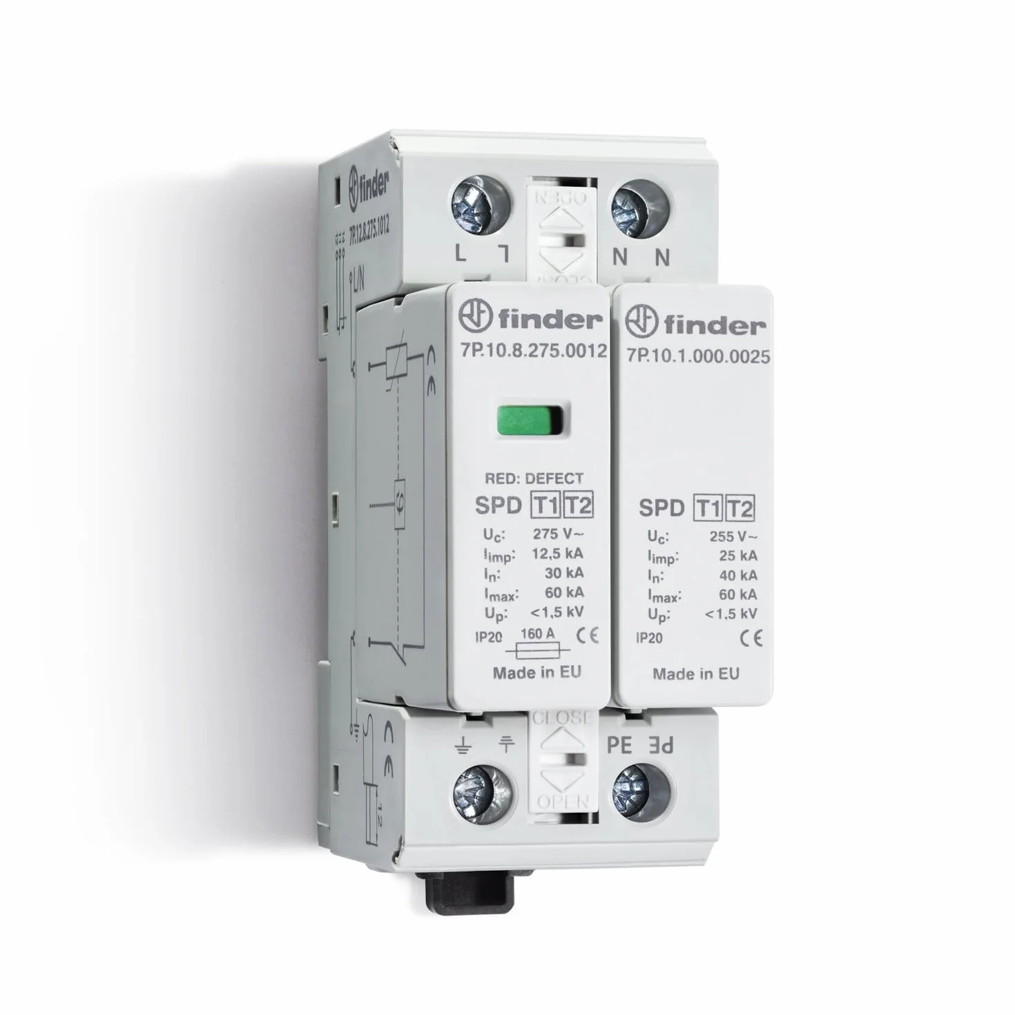 Finder Scaricatore di Sovratensione Tipo 1+2 7P.12 SPD Protezione Varistore L-N Spinterometro a Gas N-PE
