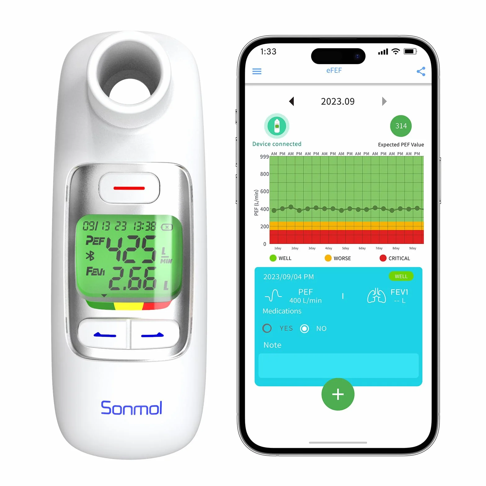 Spirometro digitale con misuratore di portata avanzata e Bluetooth per bambini e adulti, monitor domestico per asma e BPCO, PEF FEV1