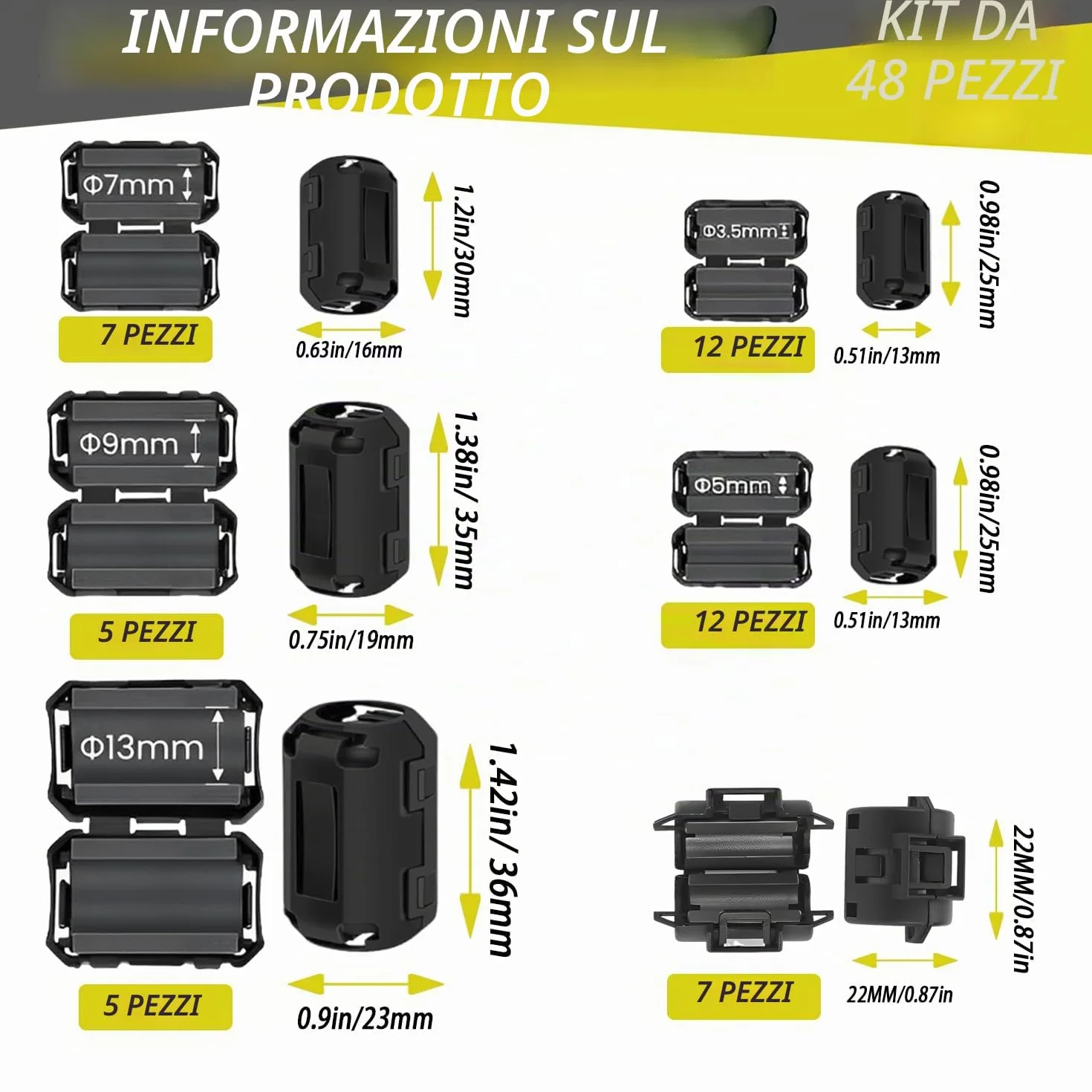 Ferrite Anello Nucleo 48 Pezzi Anello di ferrite Core nero Clip-on Ferrite Core RFI EMI Rumore Soppressore Cavo Clip 3.5mm - 13mm Diametro Interno per cavi USB RFI EMI (6 diverse 48 Pezzi)