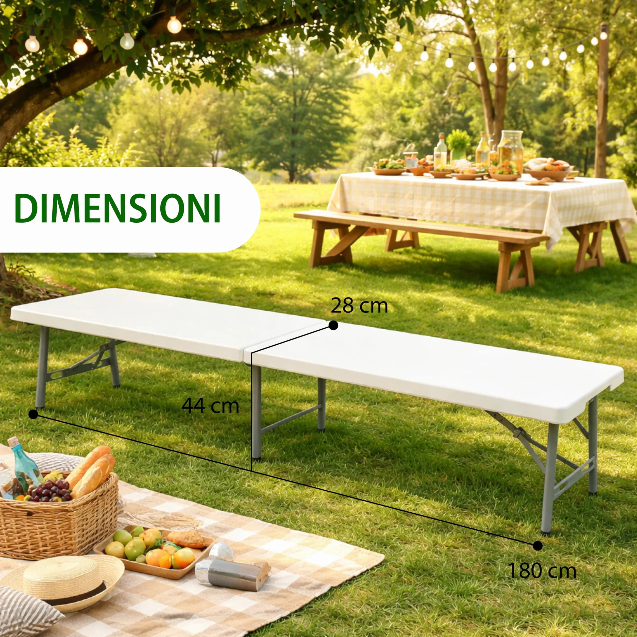 Panchina Pieghevole a Valigetta con Maniglia - Panca per Buffet, Giardino, Campeggio, Feste, Catering, Sagre, Bar, Mercato- Tavolo da Camping Salvaspazio Bianco 180x28x44h cm
