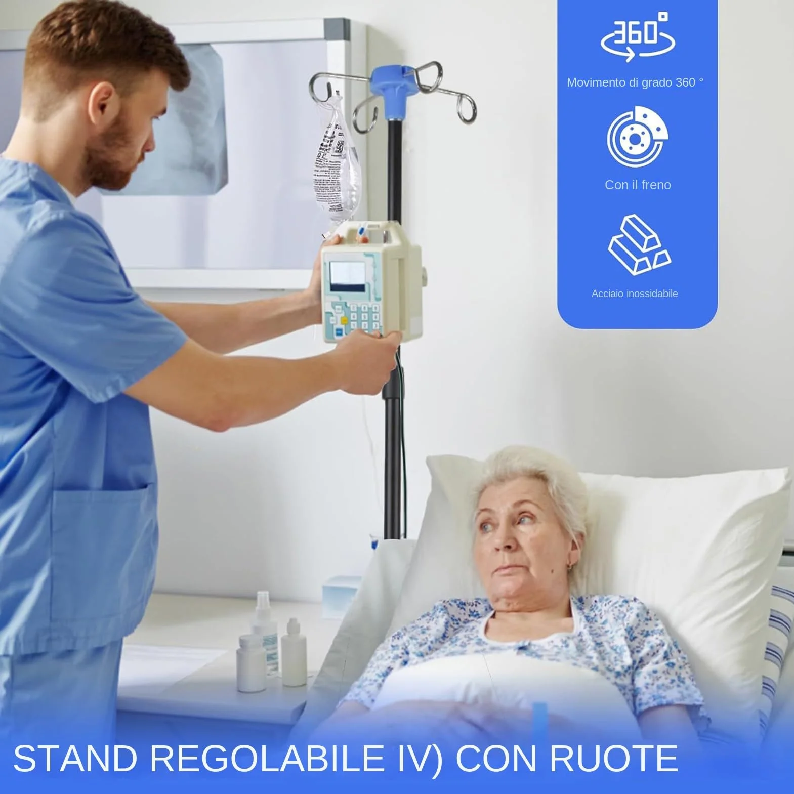 IV Portatile - Supporto Flebo Regolabile con Gancio per Flacone - Attrezzatura Ospedaliera Pieghevole con Ruote per Interno Esterno Casa Cliniche Sanità Viaggio Infermieristica