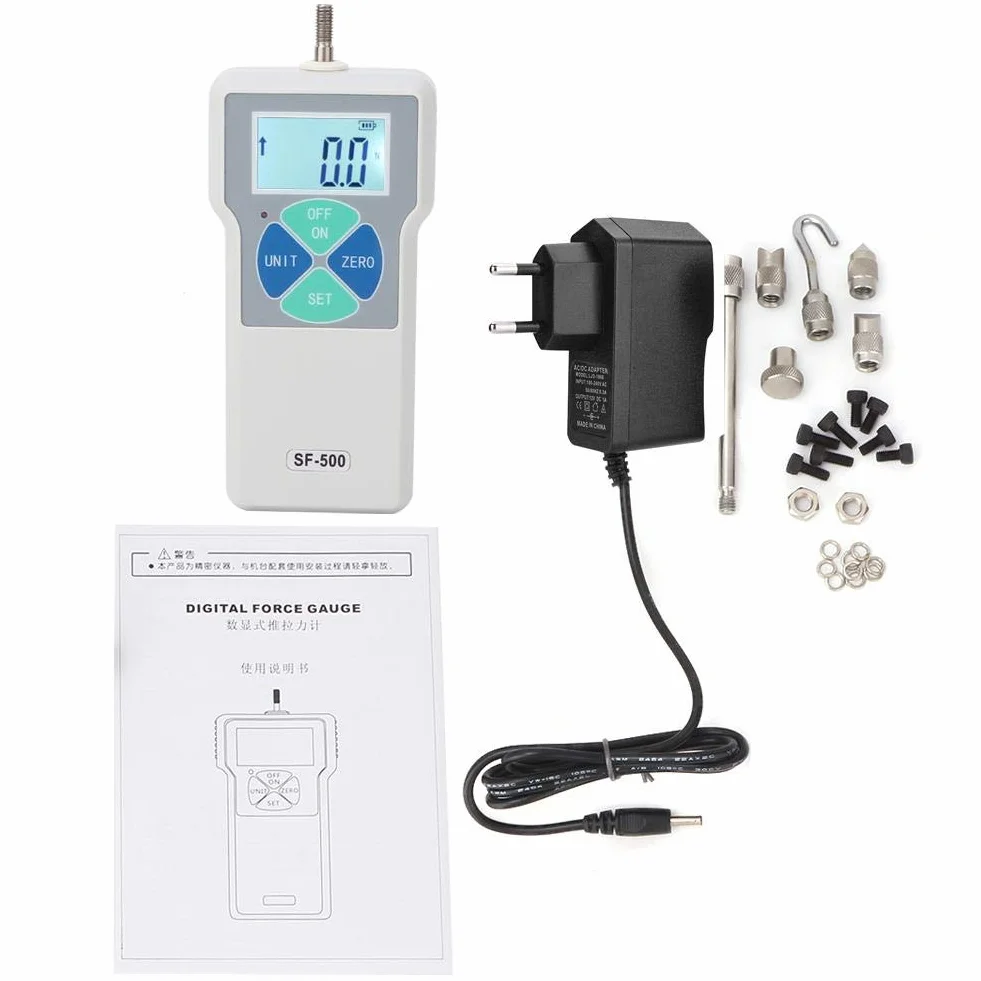 Misuratore di display LCD SF-500 Misuratore portatile di spinta e trazione Misuratore di digitale 500N 100-240 V Protezione sovraccarico(EU Plug)