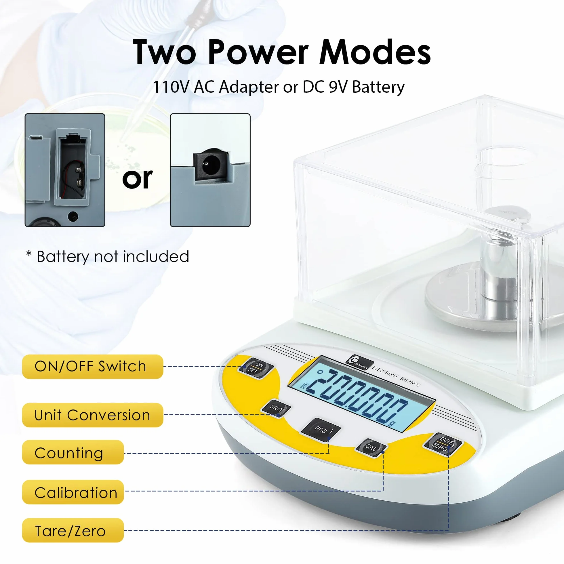 CGOLDENWALL Bilancia da laboratorio 0,001 g, bilancia analitica digitale per gioielli, bilancia scientifica elettronica di precisione, 1 mg, 110 V (500 g, 0,001 g)