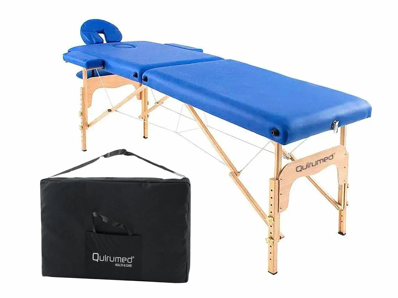 QUIRUMED Lettino da massaggio pieghevole in legno facile, colore blu, 186 x 66 cm, lettino da massaggio, massaggio fisioterapico, similpelle, testa articolata, altezza regolabile, 2 sezioni