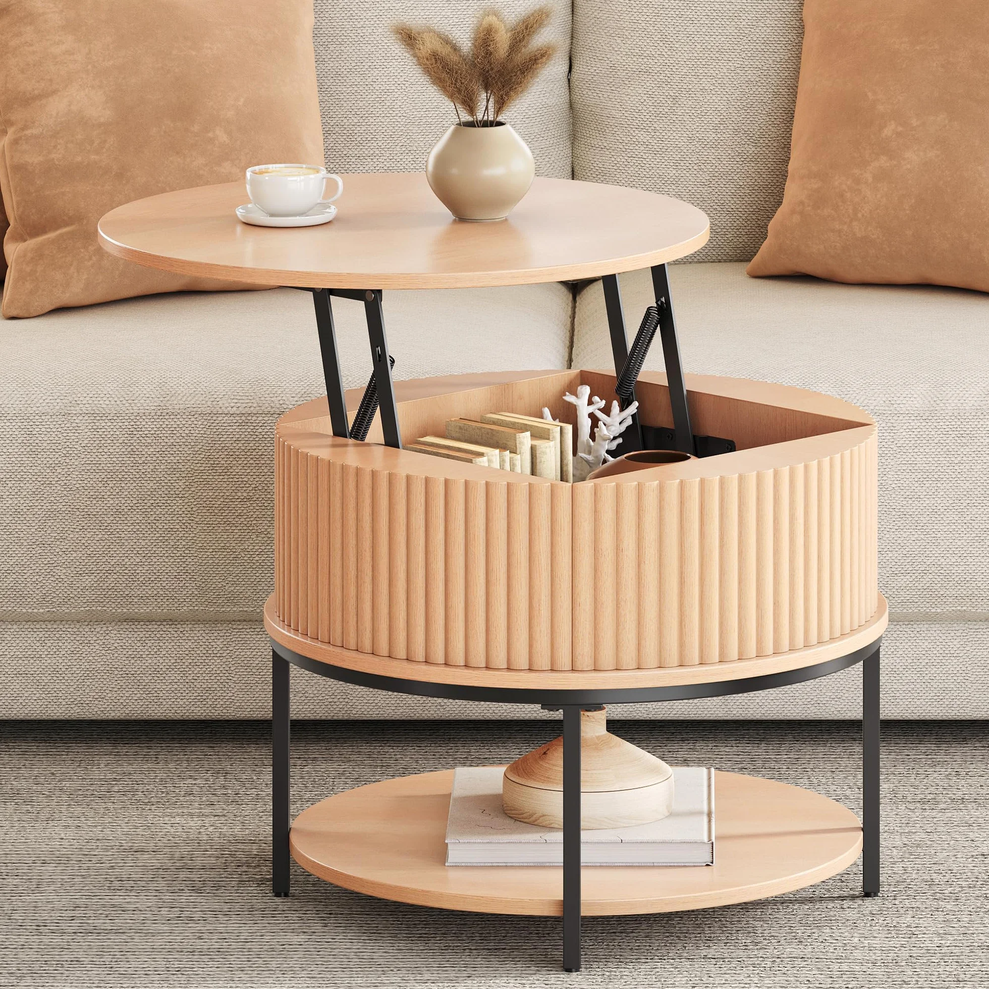 YITAHOME Tavolino da Caffè con Piano Sollevabile, Tavolino Rotondo con Design Scanalato e Contenitore Nascosto, Tavolini da Salotto Centro per Soggiorno, Colore Legno