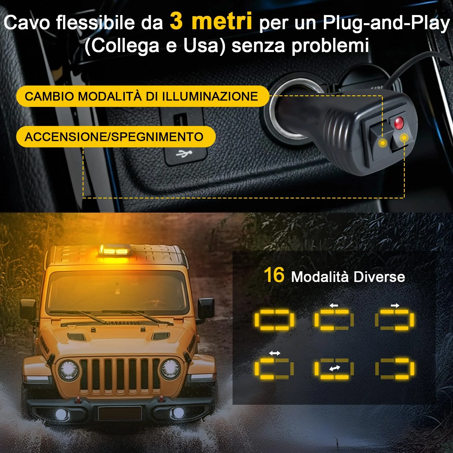 Lampeggiante Arancione a 90 LED con Magnete - Luce di Avvertimento 12V 24V, Cavo da 3 m, Impermeabile IP65, 16 Modalità per Camion, Attrezzature Edili, Agricoltura
