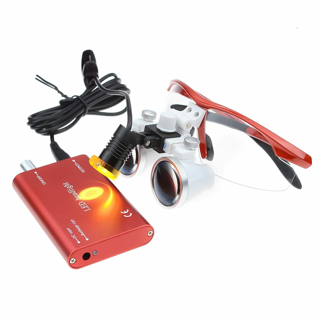 Mike Dental - Set di lenti binoculari chirurgiche 2,5 x 420 mm, cono nero con filtro LED testa lampada+sacchetto di stoffa (rosso)