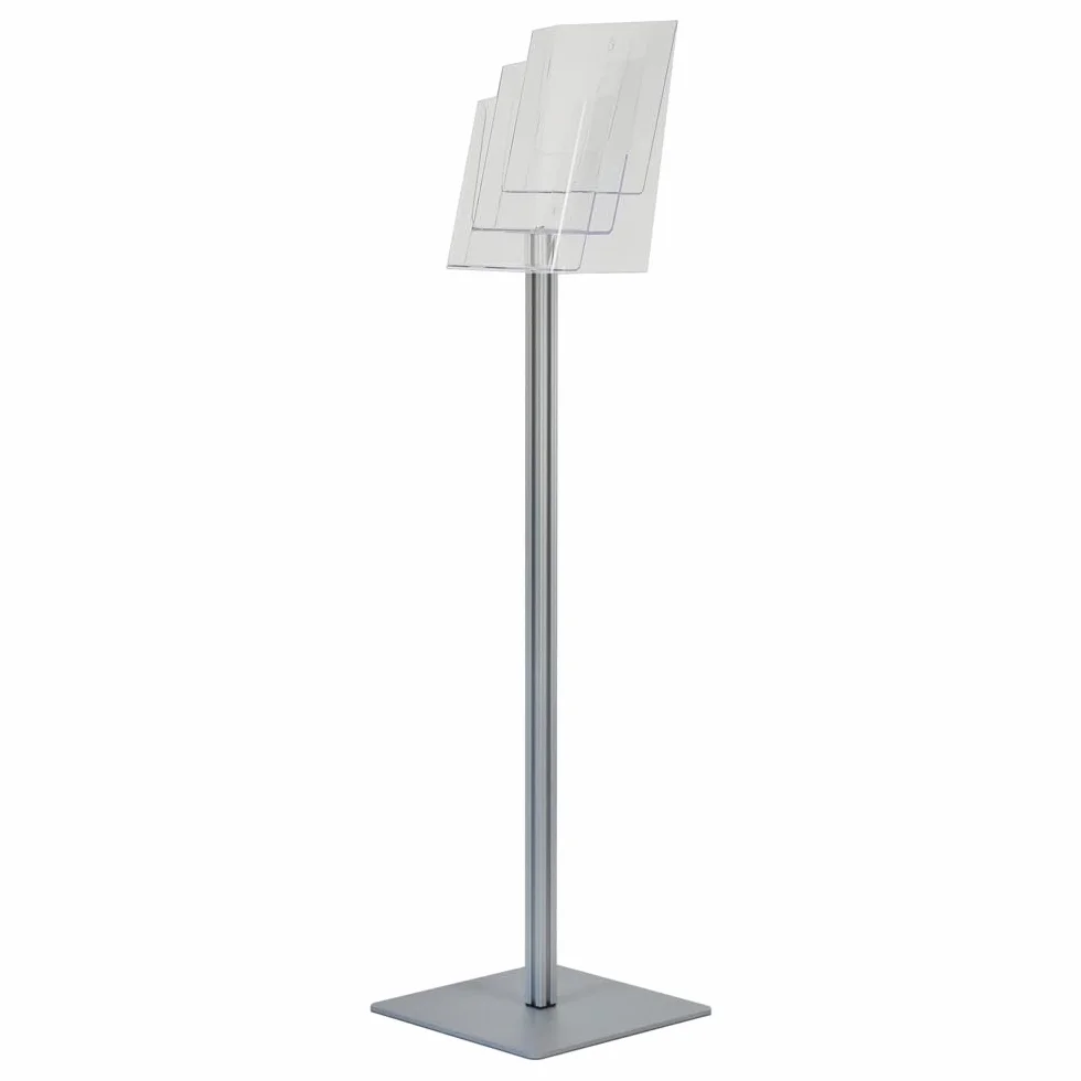 Espositore Portadepliant a Piantana 3 Tasche Plexiglass A4 Alluminio Base Metallica Antinciampo