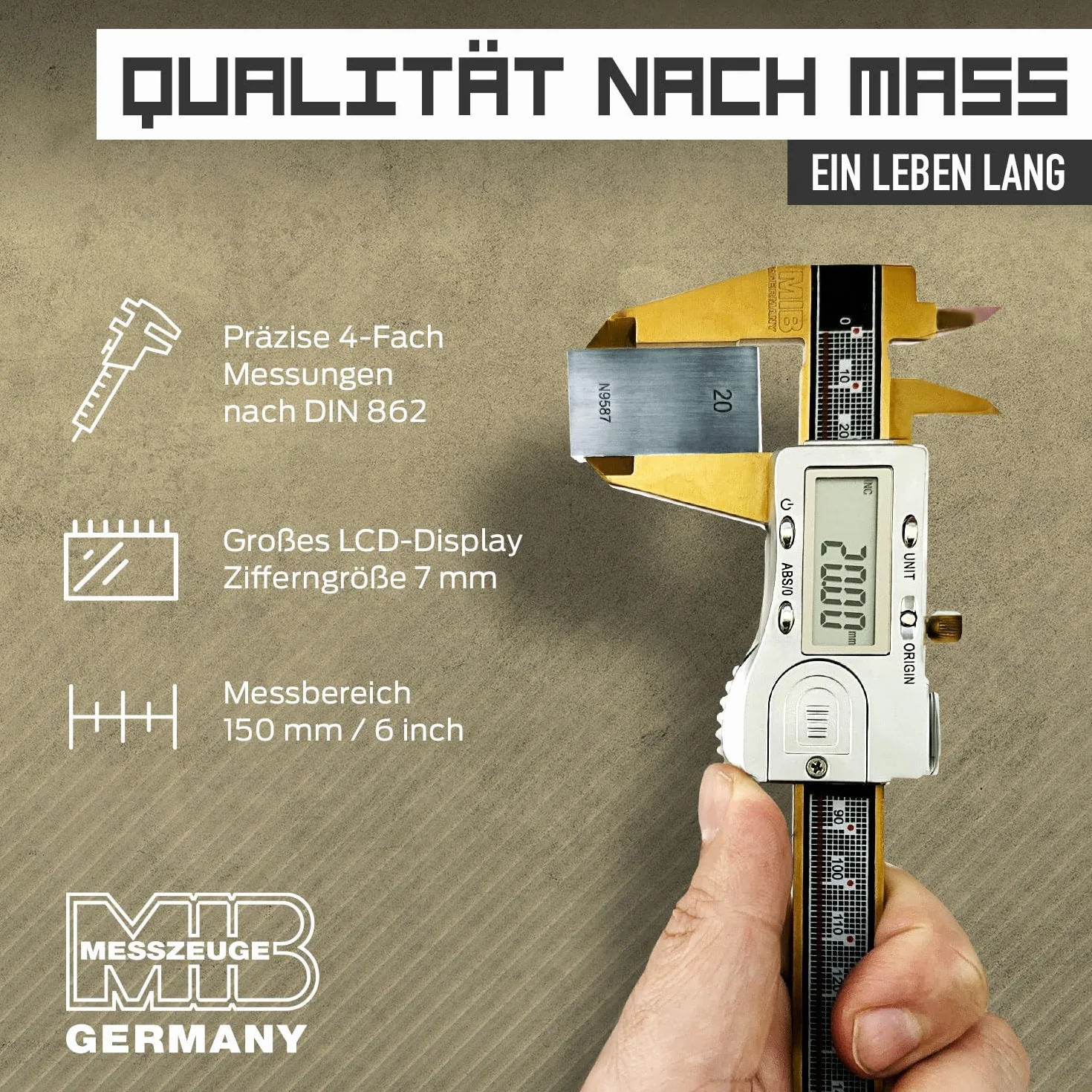 MIB Calibro digitale con sistema assoluto e rivestimento TiN DIN 862, 150 mm, misuratore di precisione, misurazione a 4 livelli, calibrazione, set di utensili digitali con batteria da 3 V e scatola di